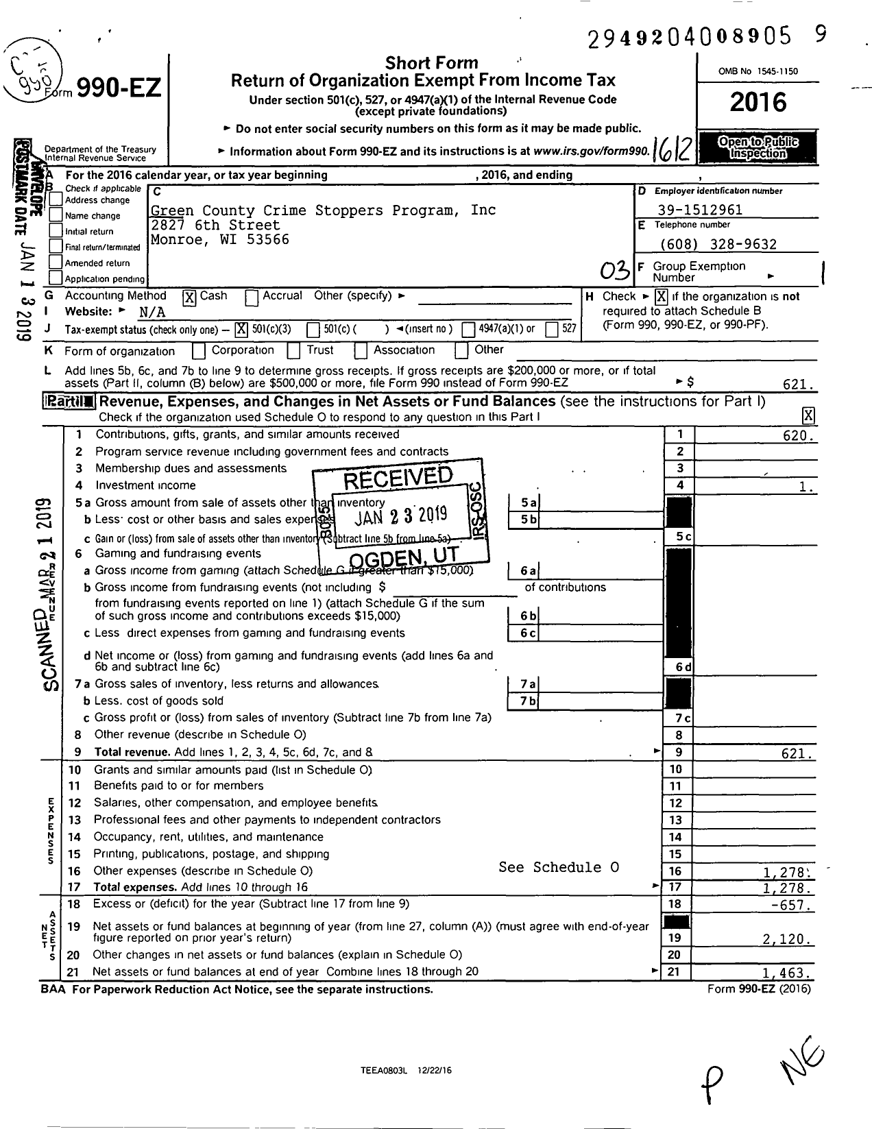 Image of first page of 2016 Form 990EZ for Green County Crime Stoppers Program