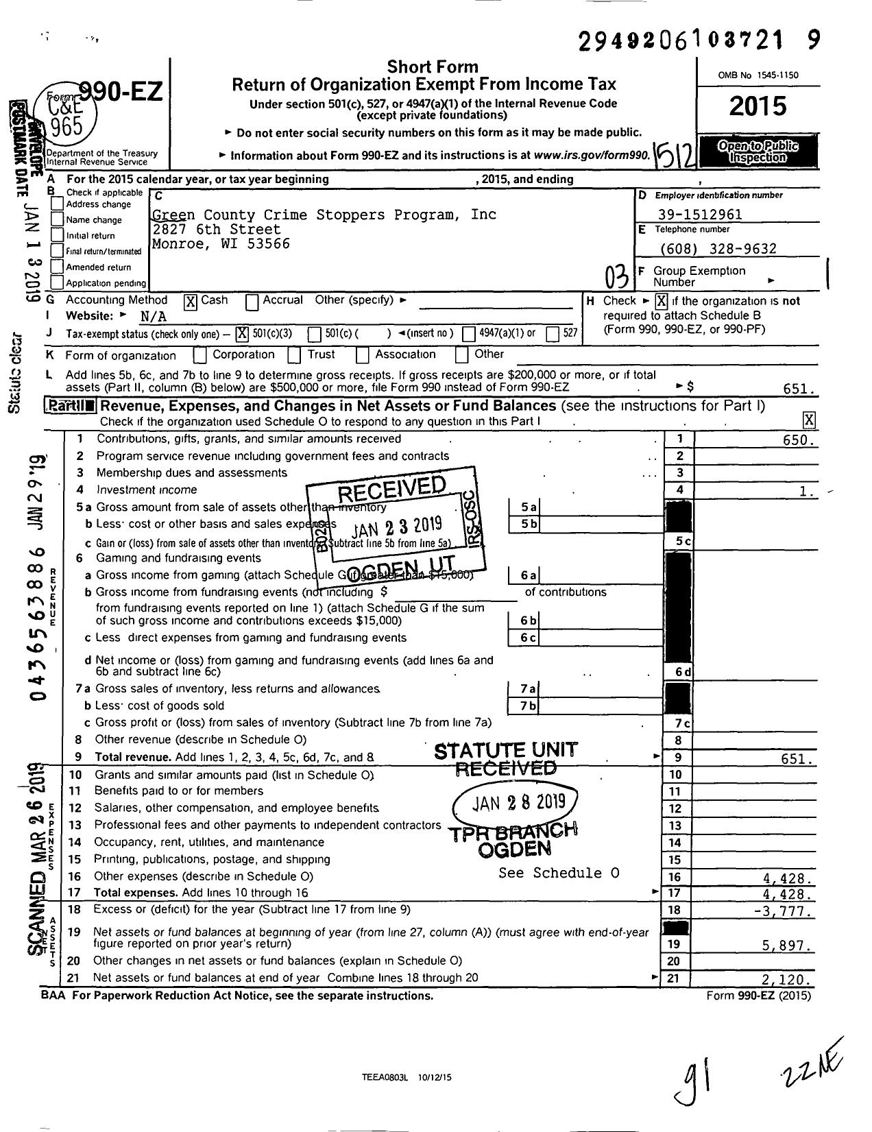 Image of first page of 2015 Form 990EZ for Green County Crime Stoppers Program