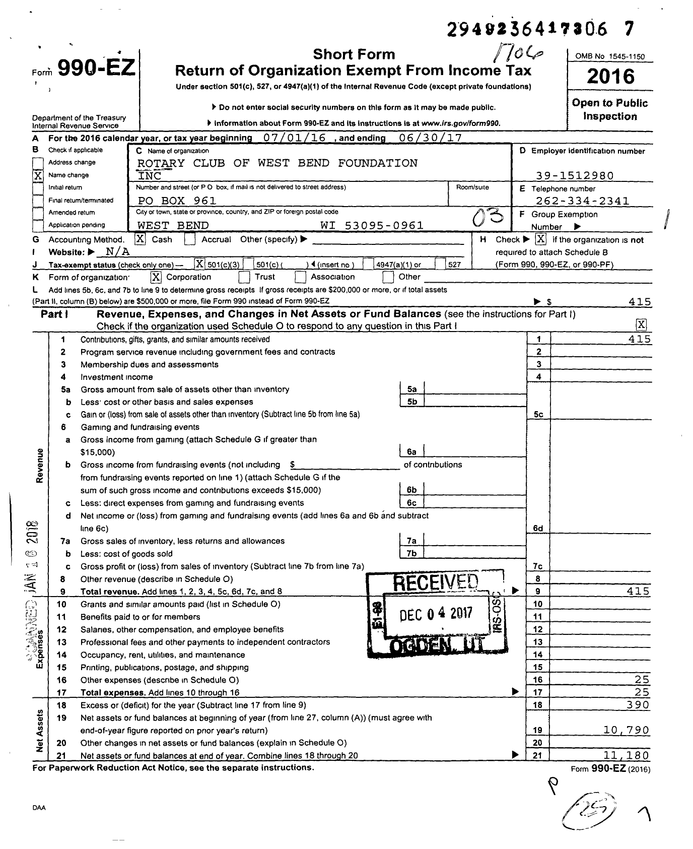 Image of first page of 2016 Form 990EZ for Rotary Club of West Bend Foundation