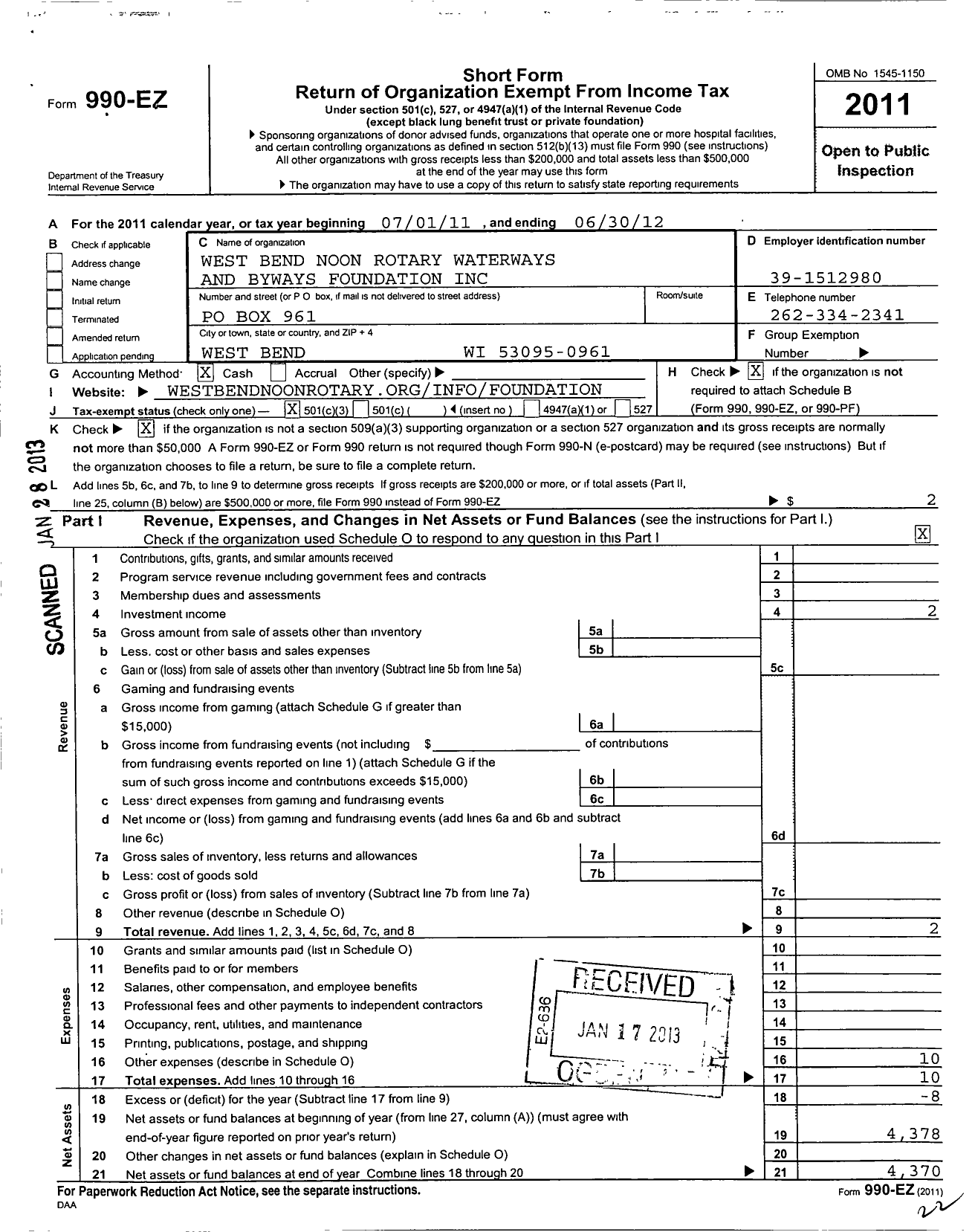 Image of first page of 2011 Form 990EZ for Rotary Club of West Bend Foundation