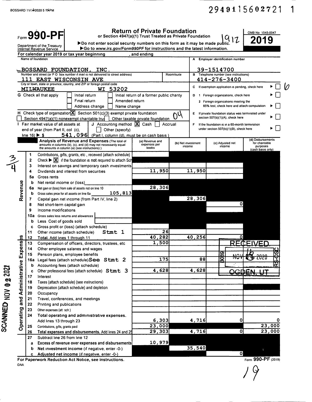 Image of first page of 2019 Form 990PF for Bossard Foundation