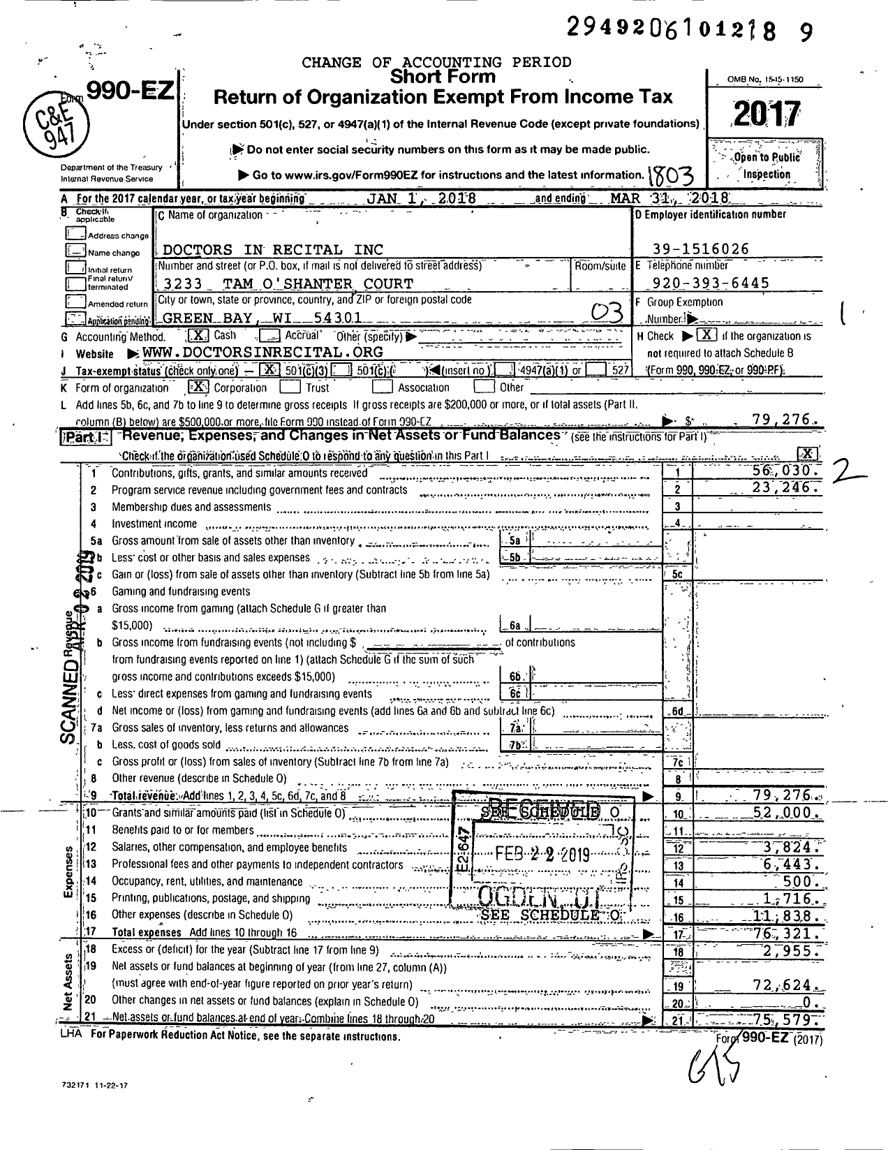 Image of first page of 2017 Form 990EZ for Doctors in Recital