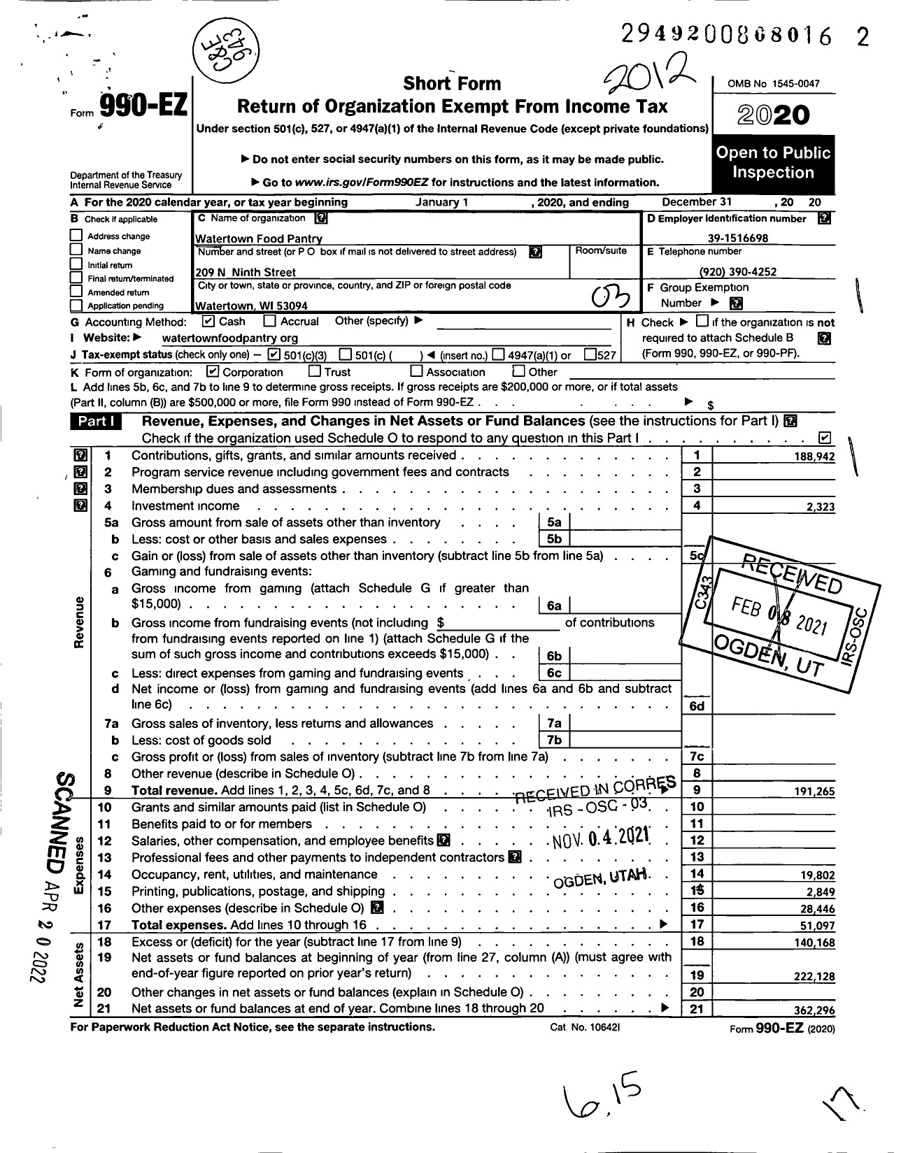 Image of first page of 2020 Form 990EZ for Watertown Food Pantry Watertown Food Pantry