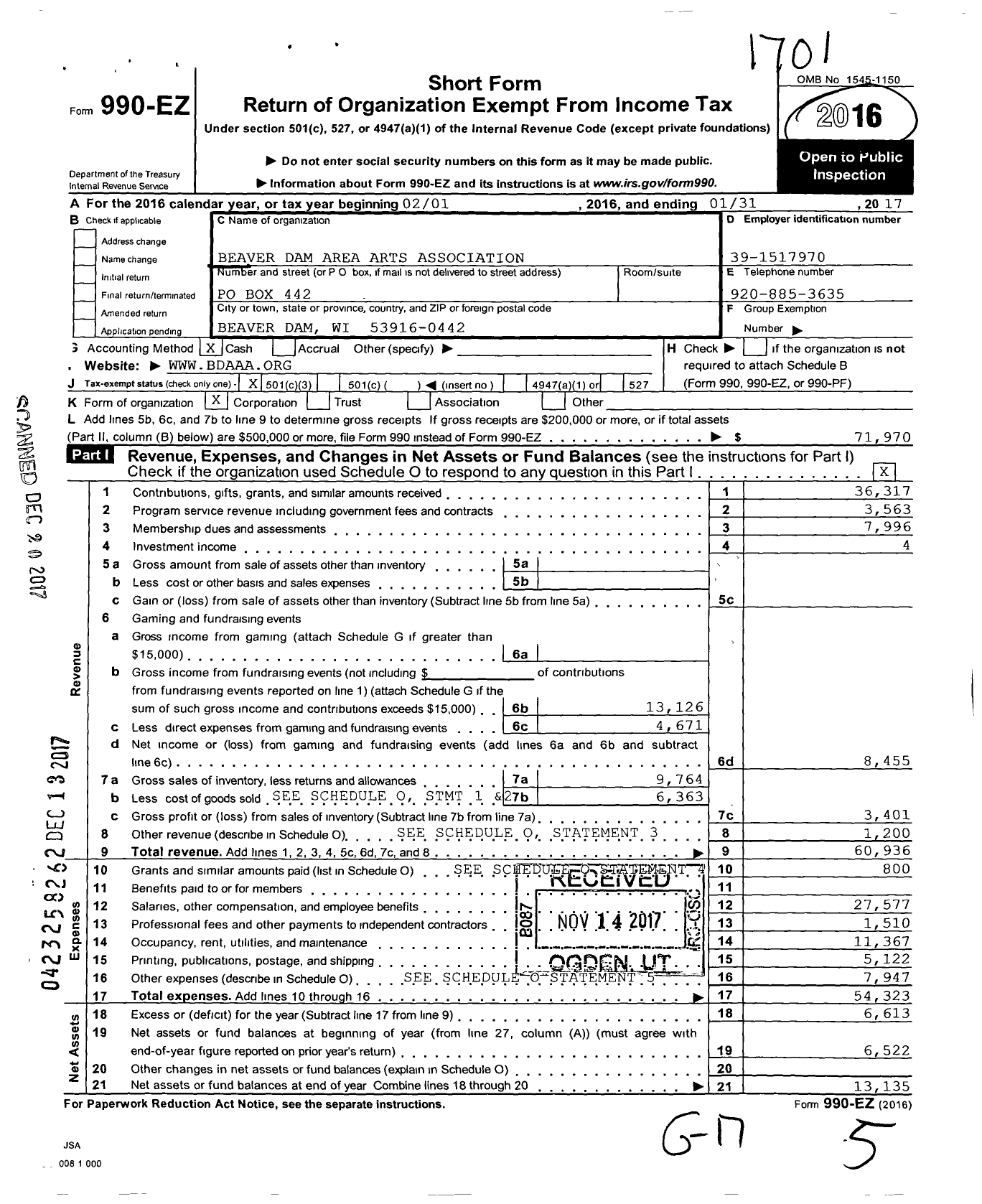 Image of first page of 2016 Form 990EZ for Dodge County Center for the Arts