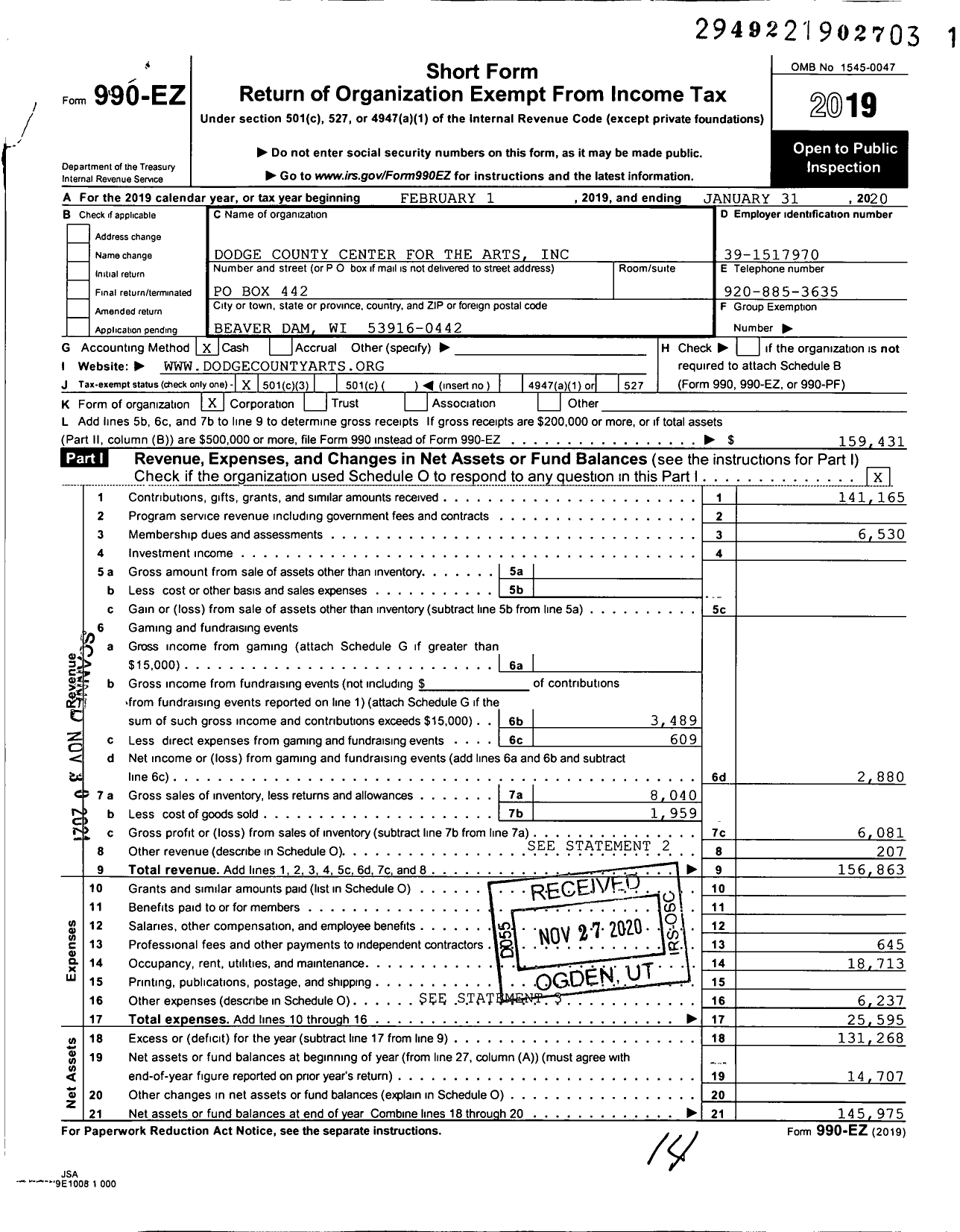 Image of first page of 2019 Form 990EZ for Dodge County Center for the Arts