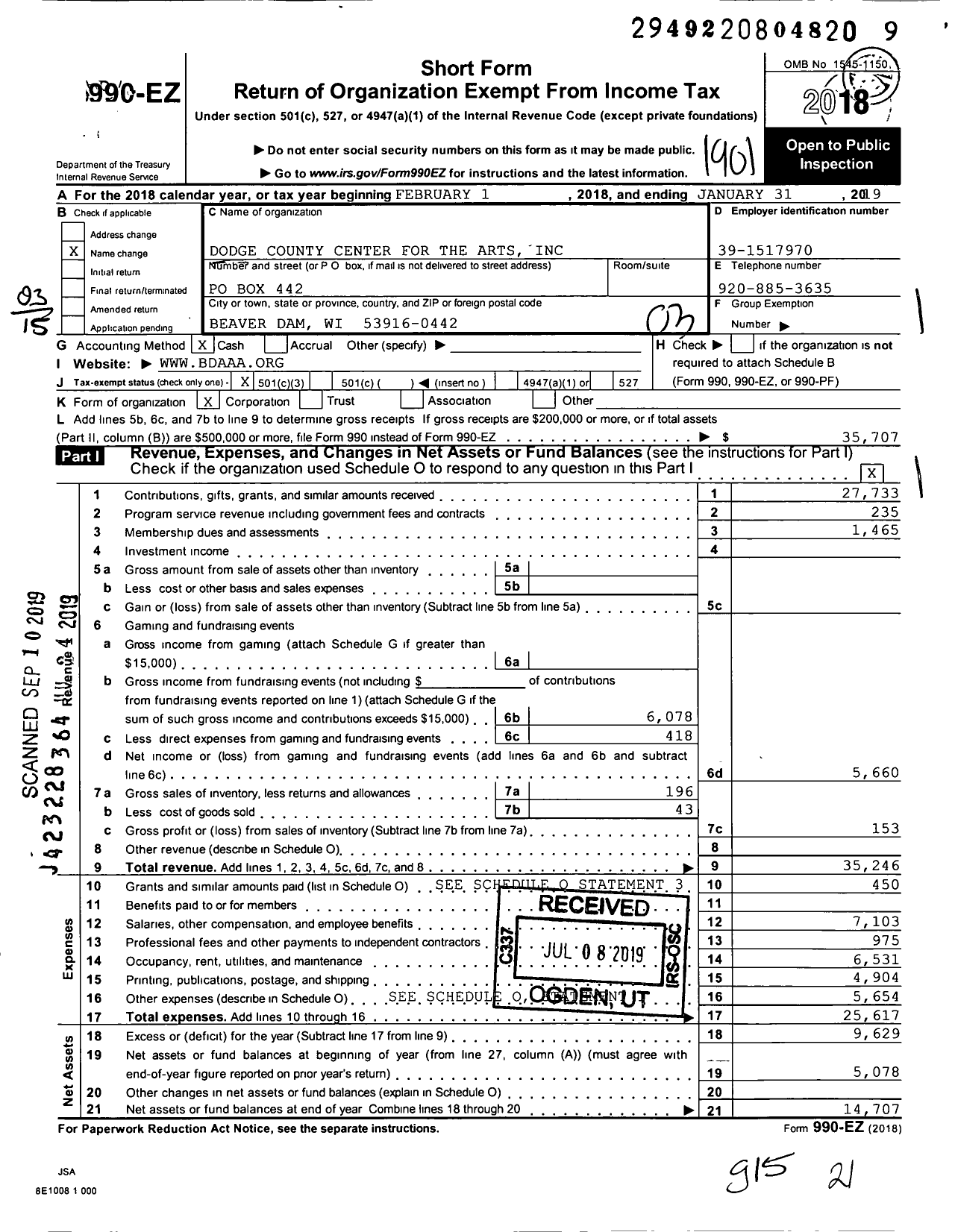 Image of first page of 2018 Form 990EZ for Dodge County Center for the Arts
