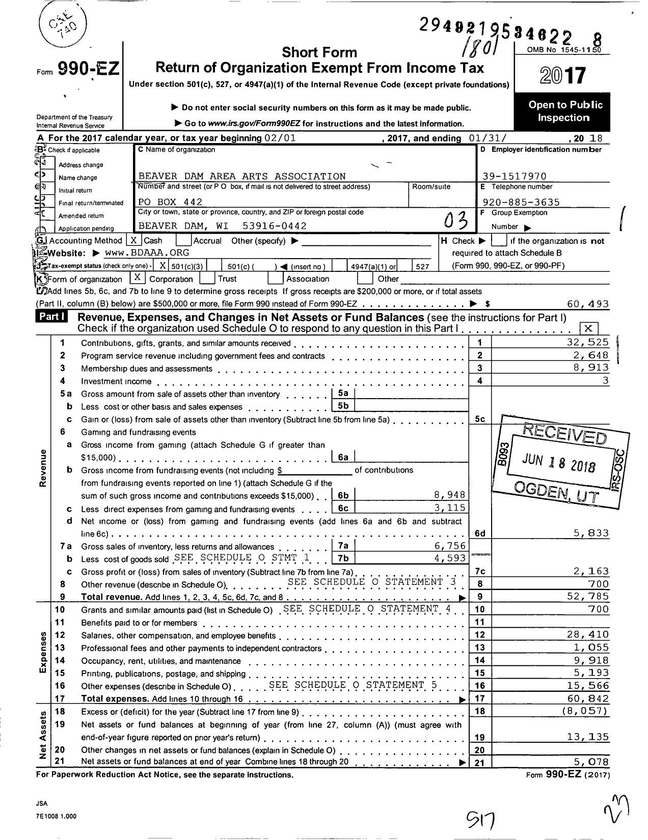 Image of first page of 2017 Form 990EZ for Dodge County Center for the Arts