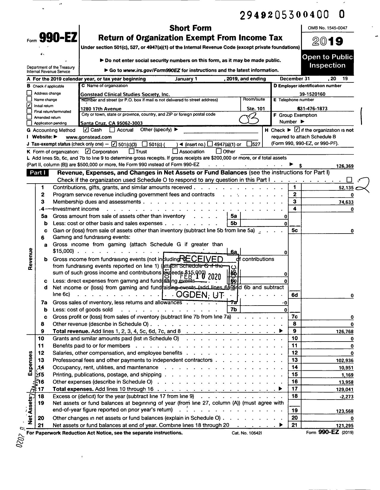 Image of first page of 2019 Form 990EZ for Gonstead Clinical Studies Society