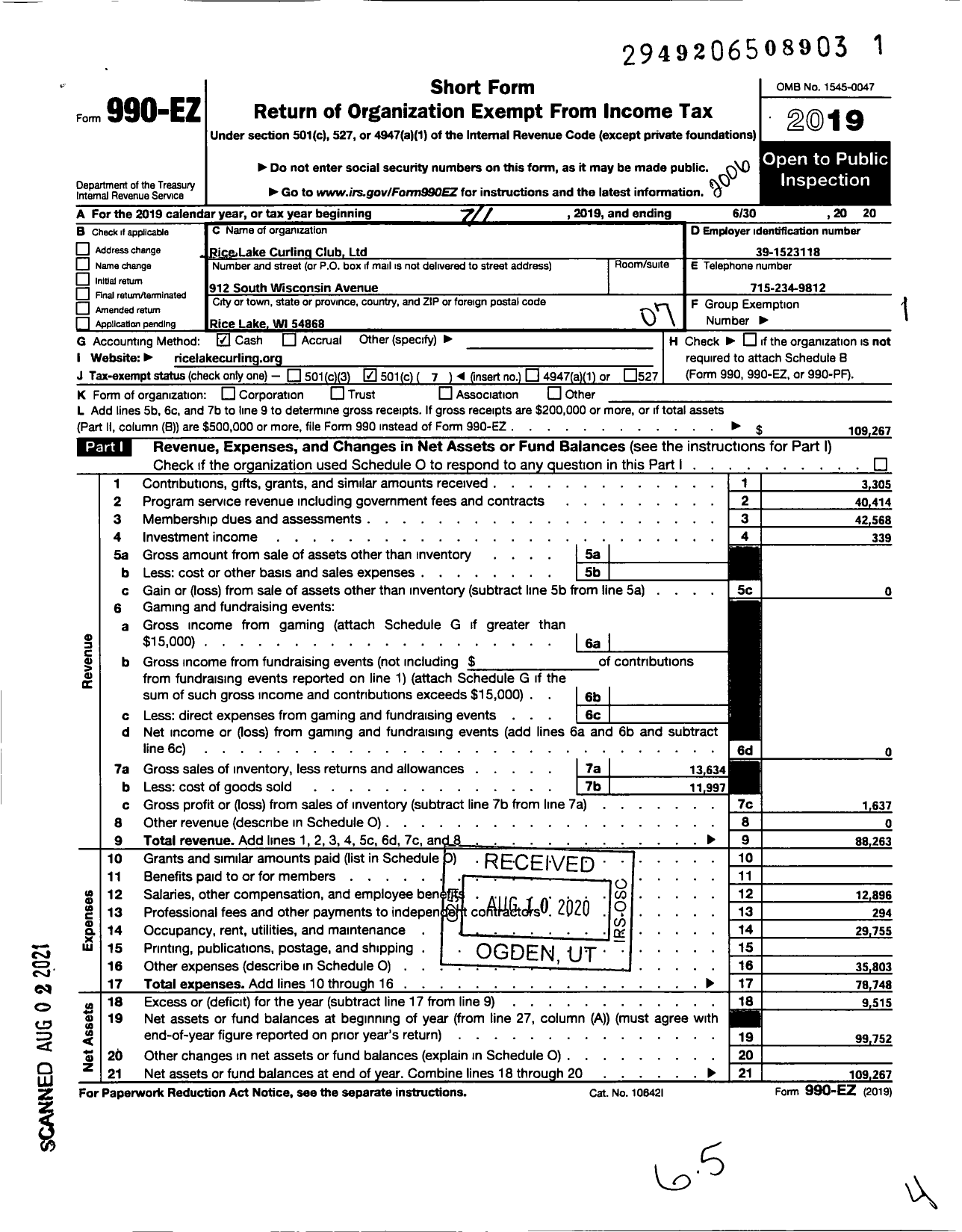 Image of first page of 2019 Form 990EO for Rice Lake Curling Club