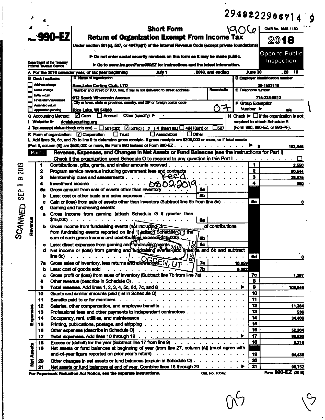 Image of first page of 2018 Form 990EO for Rice Lake Curling Club