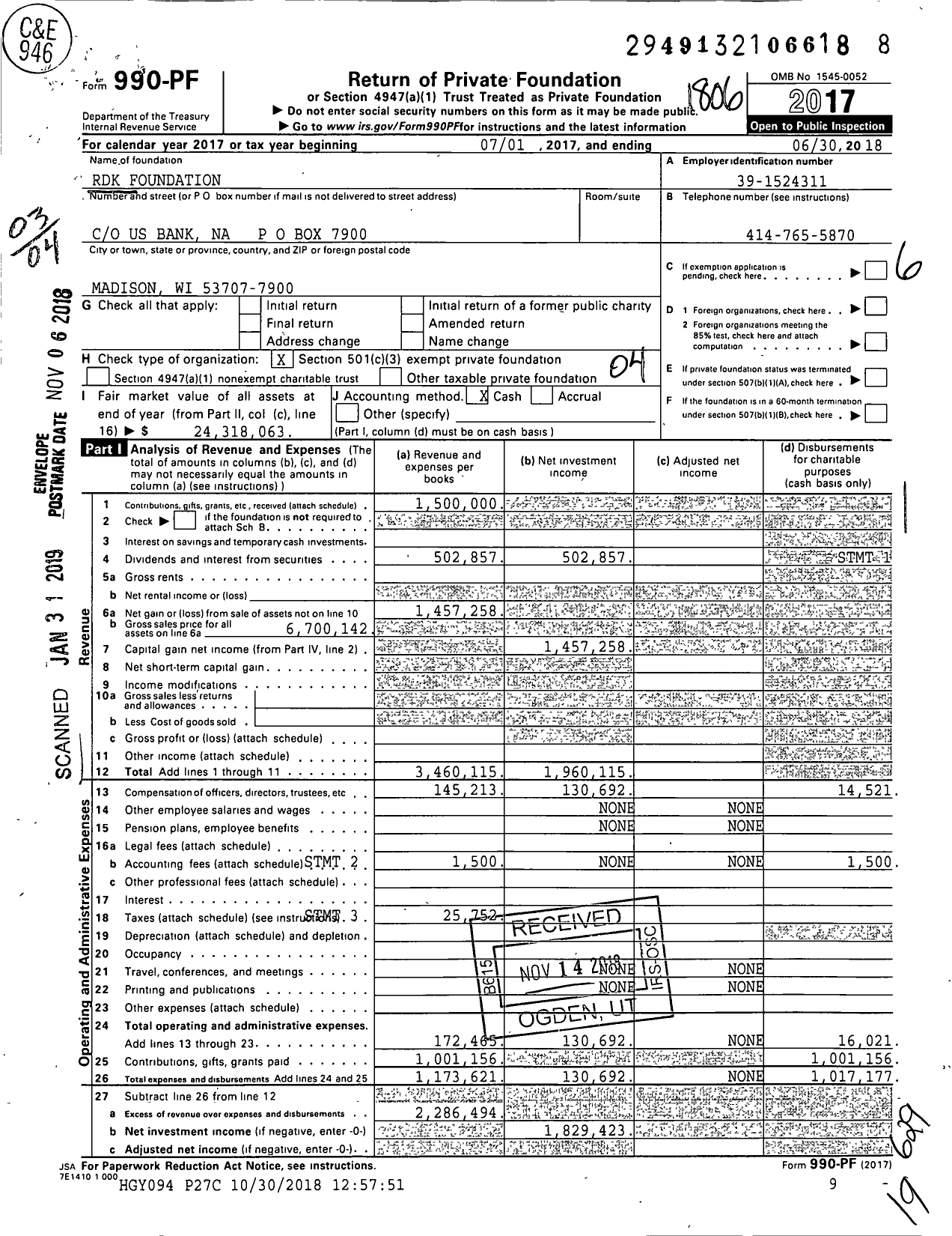 Image of first page of 2017 Form 990PF for RDK Foundation