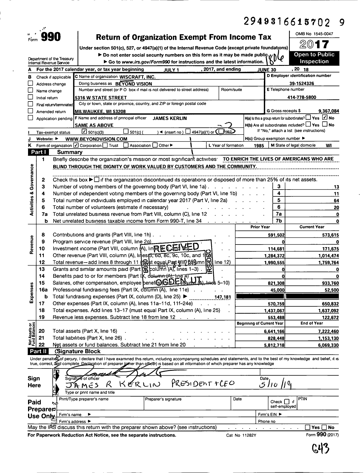 Image of first page of 2017 Form 990 for Beyond Vision