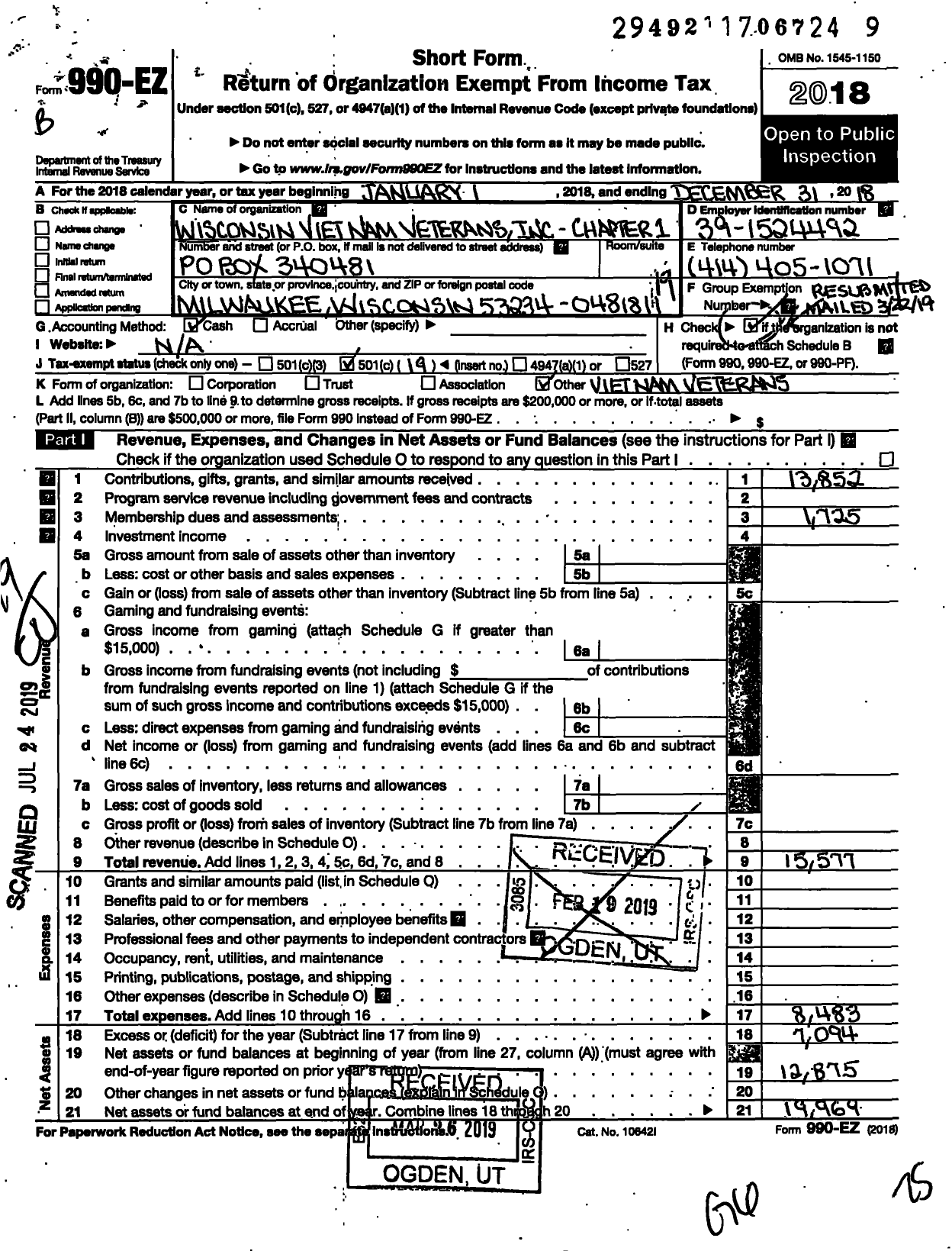 Image of first page of 2018 Form 990EO for Wisconsin Vietnam Vets