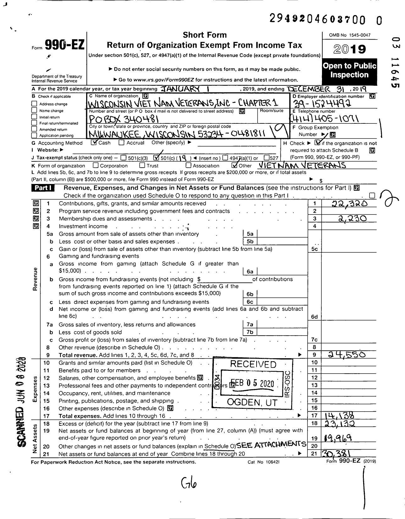 Image of first page of 2019 Form 990EO for Wisconsin Vietnam Vets