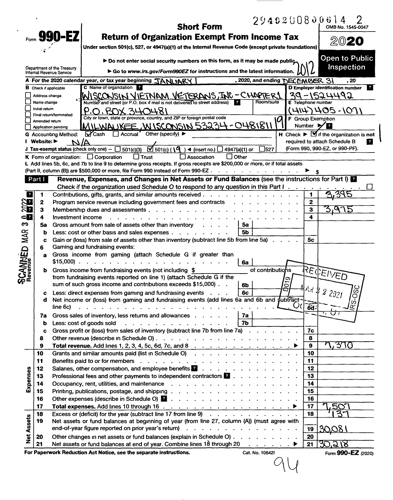 Image of first page of 2020 Form 990EO for Wisconsin Vietnam Vets