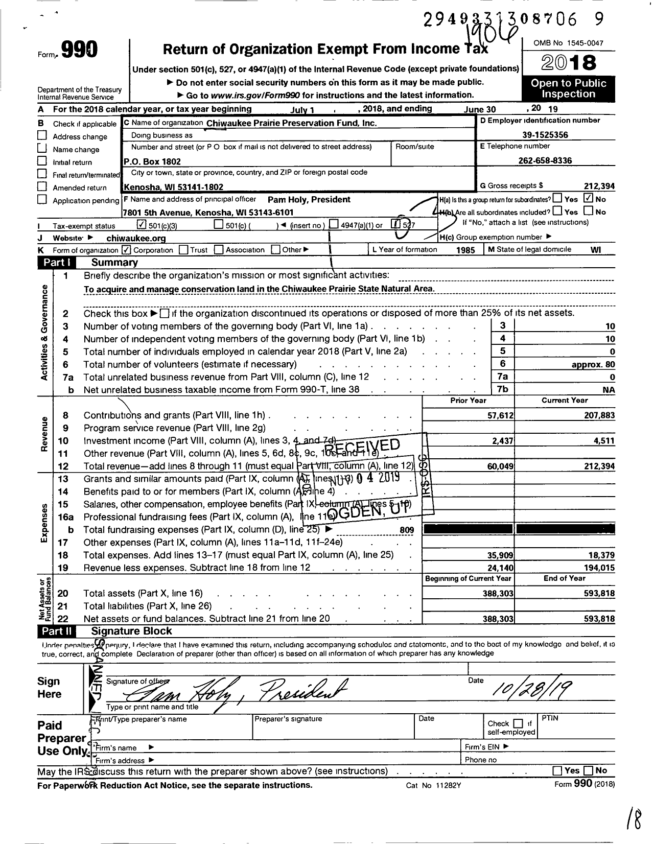 Image of first page of 2018 Form 990 for Chiwaukee Prairie Preservation Fund