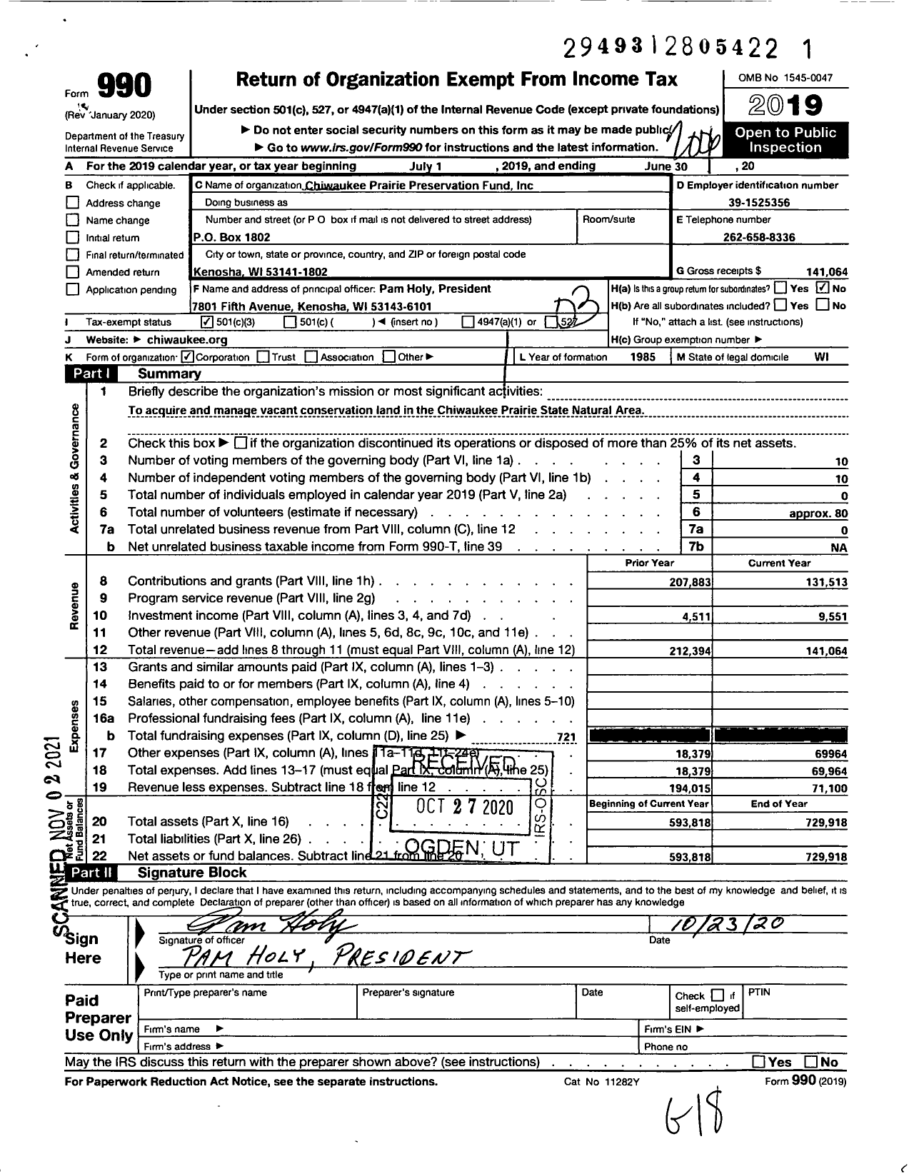 Image of first page of 2019 Form 990 for Chiwaukee Prairie Preservation Fund