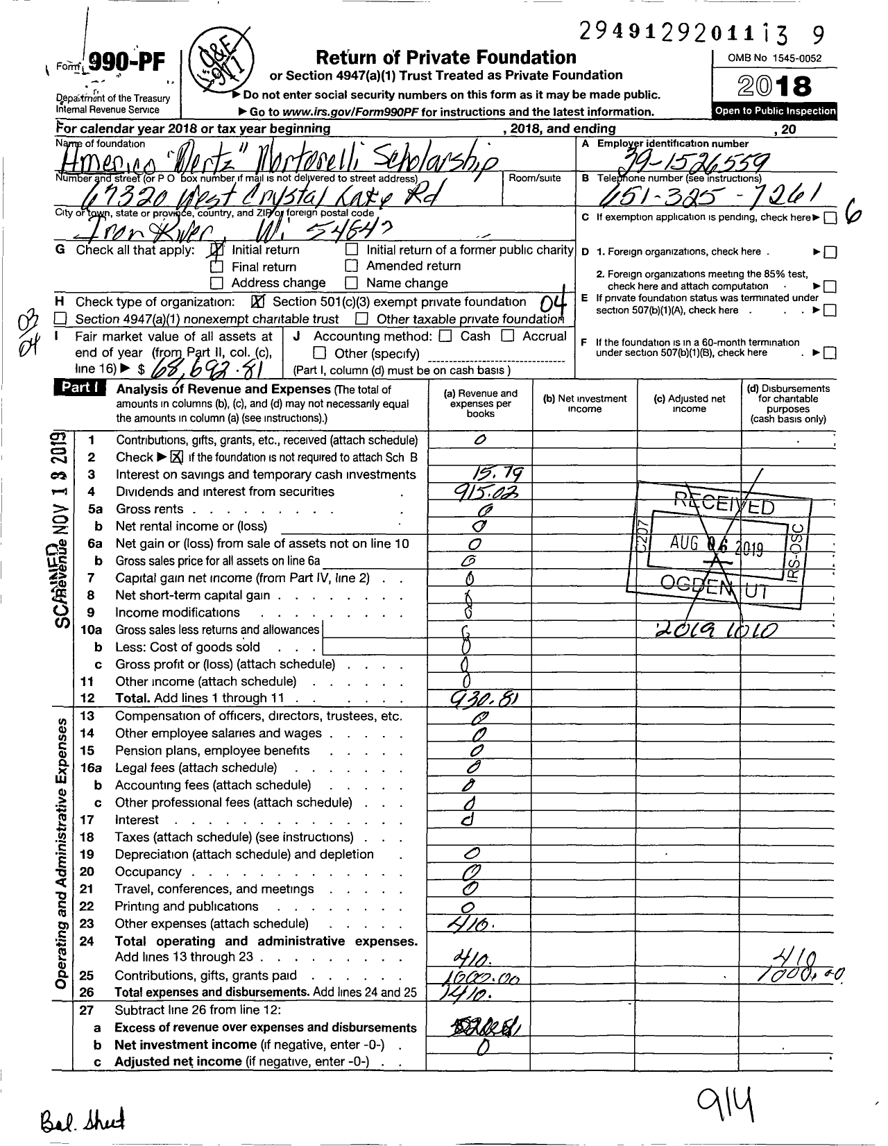 Image of first page of 2018 Form 990PF for Americo Mertz Mortorelli Scholarship Committee