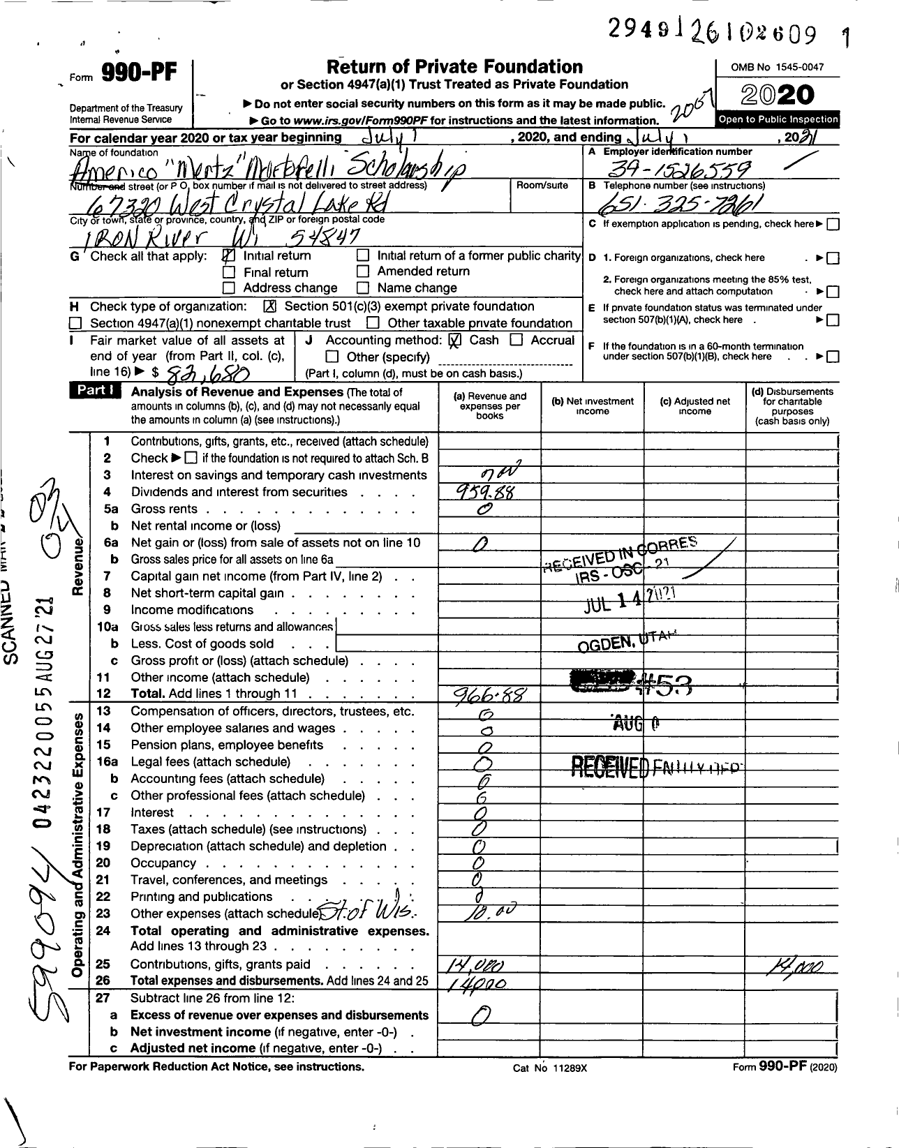 Image of first page of 2019 Form 990PF for Americo Mertz Mortorelli Scholarship Committee