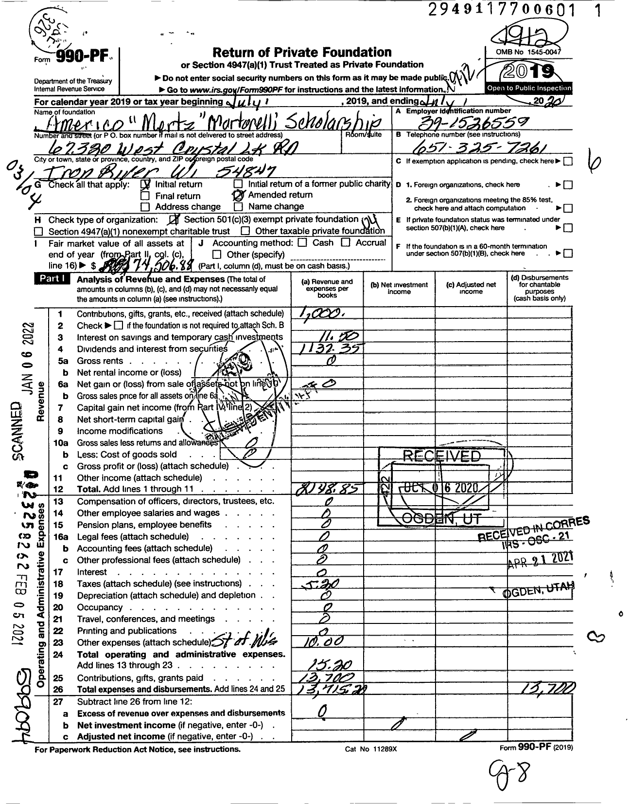 Image of first page of 2019 Form 990PF for Americo Mertz Mortorelli Scholarship Committee