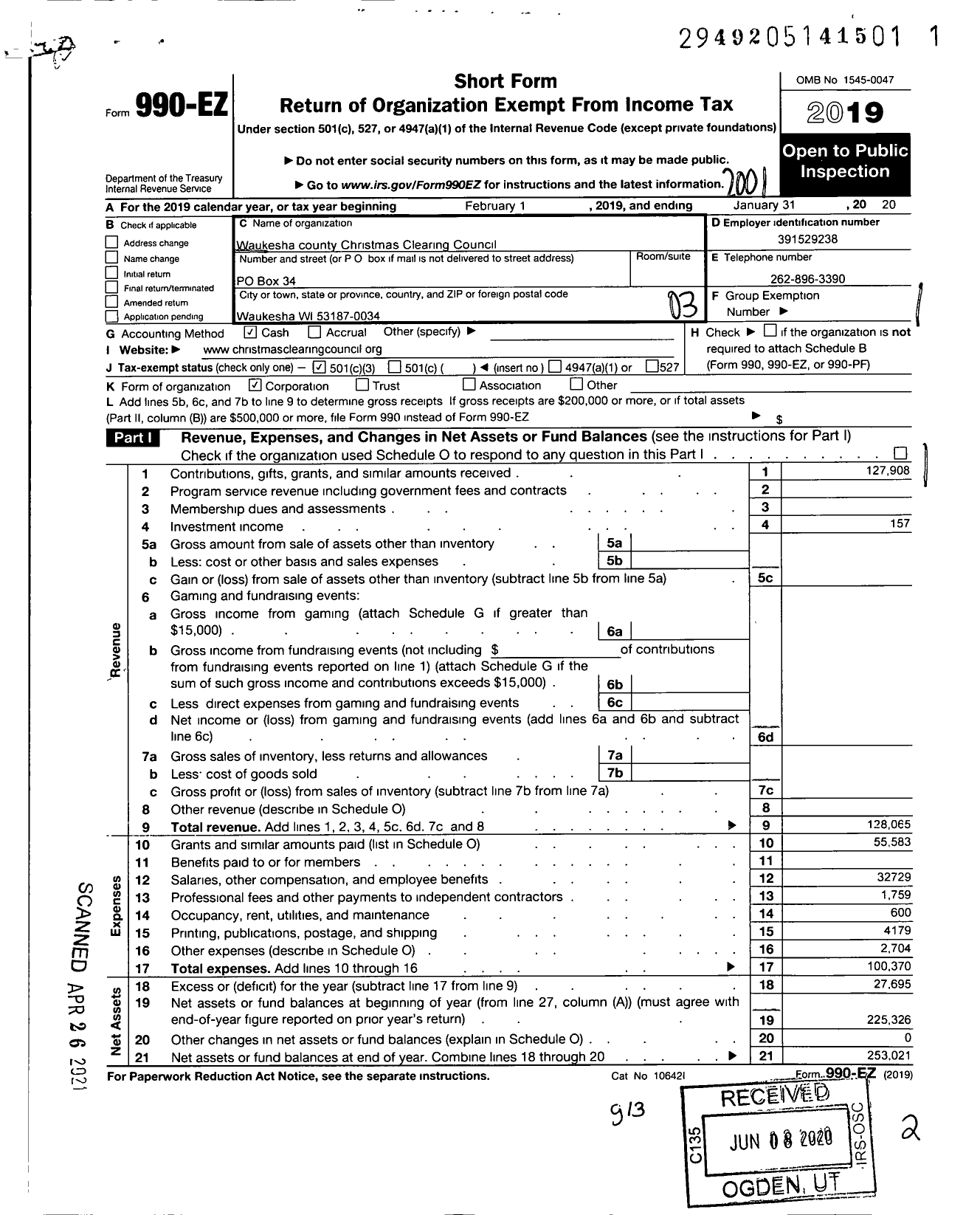 Image of first page of 2019 Form 990EZ for Waukesha County Christmas Clearing Council