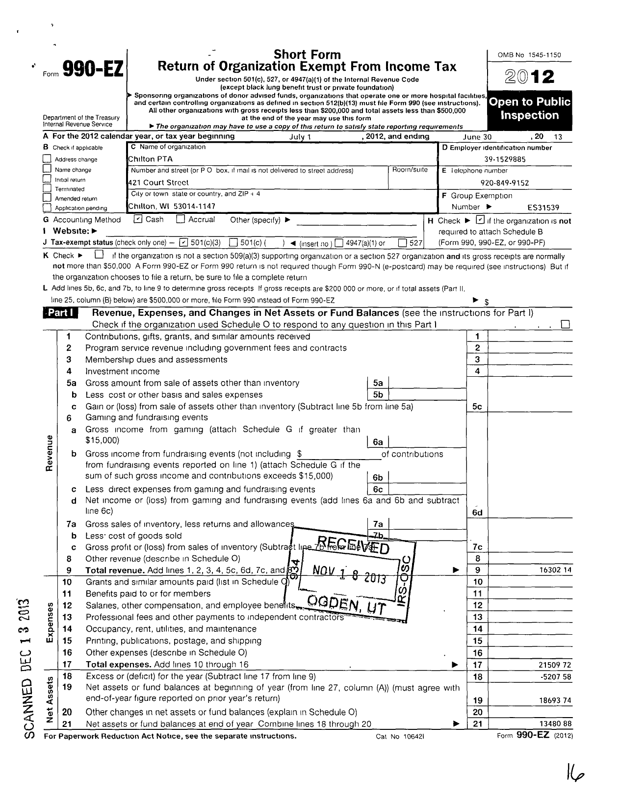 Image of first page of 2012 Form 990EZ for PTA Wisconsin Congress / Chilton PTA