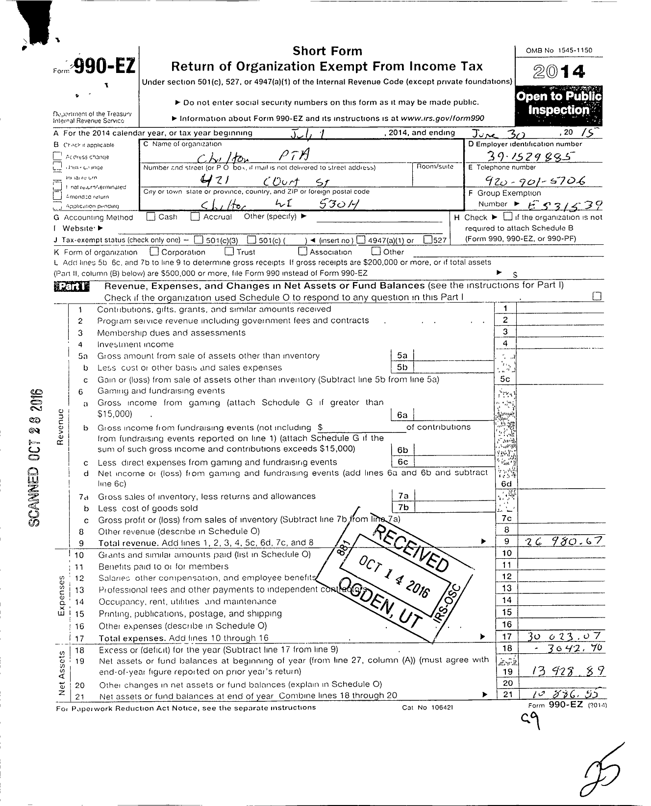 Image of first page of 2014 Form 990EO for PTA Wisconsin Congress / Chilton PTA