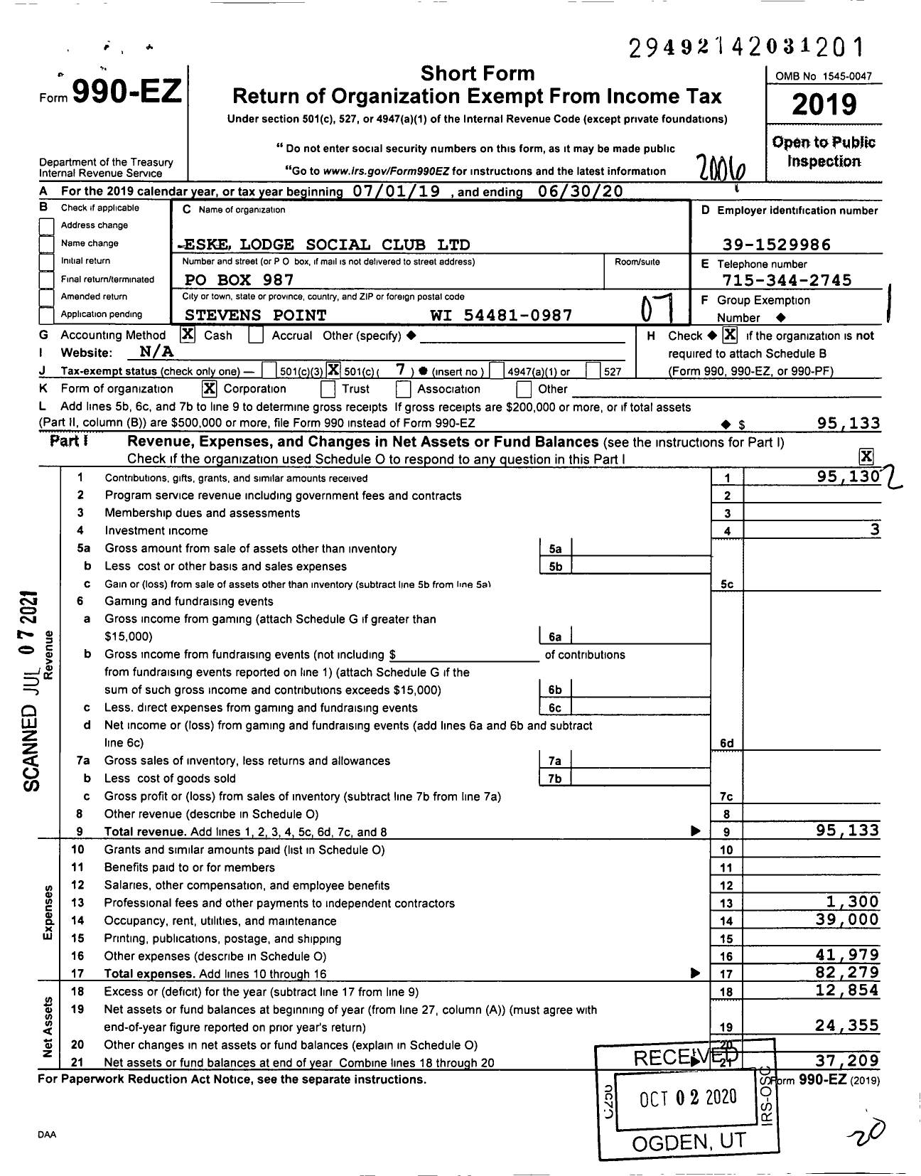 Image of first page of 2019 Form 990EO for Eske Lodge Social Club