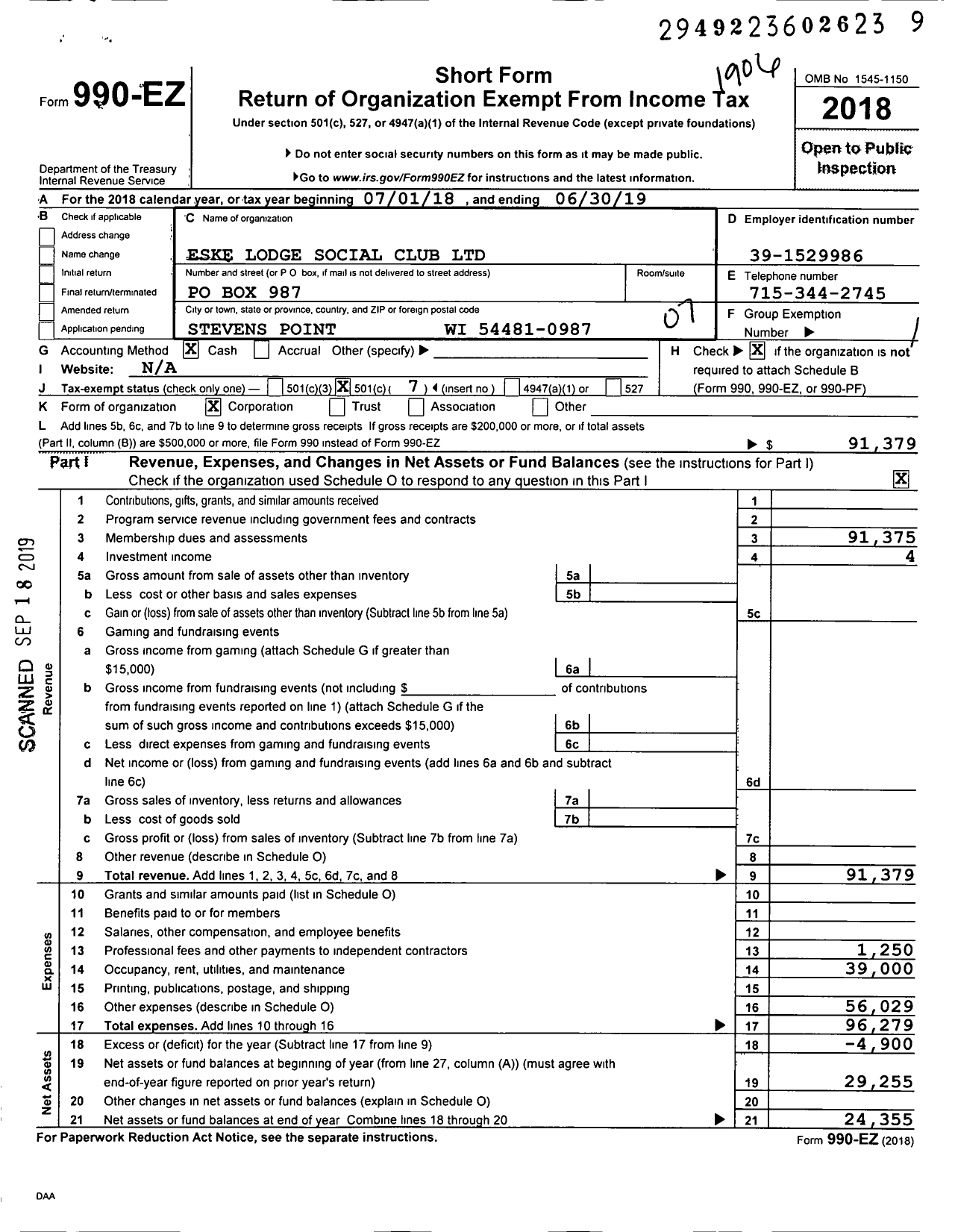 Image of first page of 2018 Form 990EO for Eske Lodge Social Club