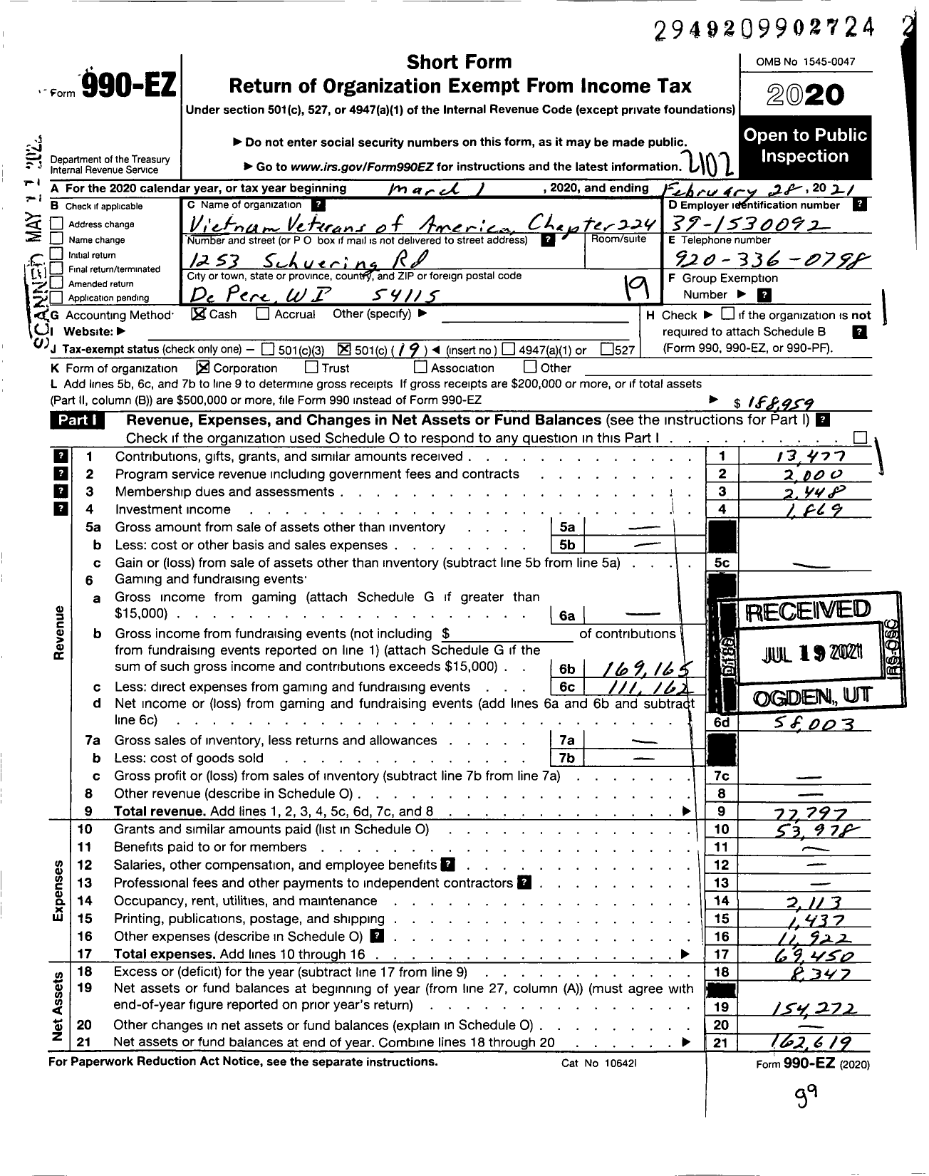 Image of first page of 2020 Form 990EO for Vietnam Veterans of America - 224 Chapter