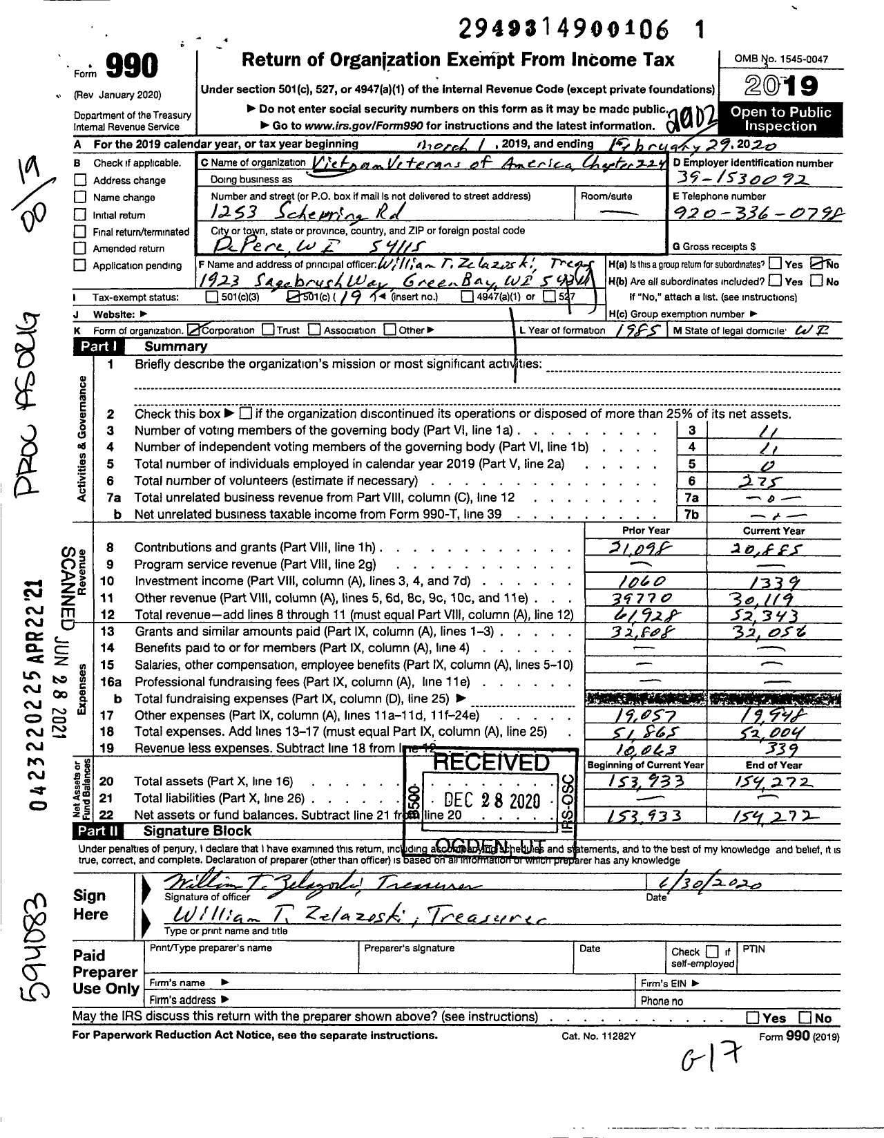 Image of first page of 2019 Form 990O for Vietnam Veterans of America - 224 Chapter