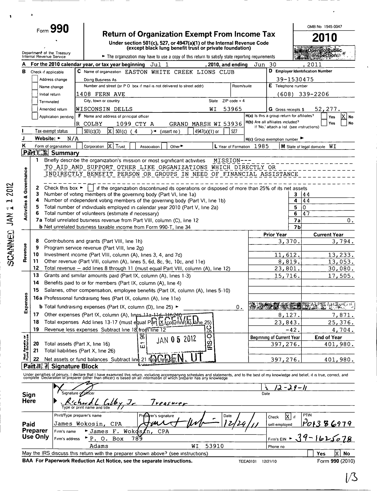 Image of first page of 2010 Form 990O for Lions Clubs - 45323 Easton White Creek