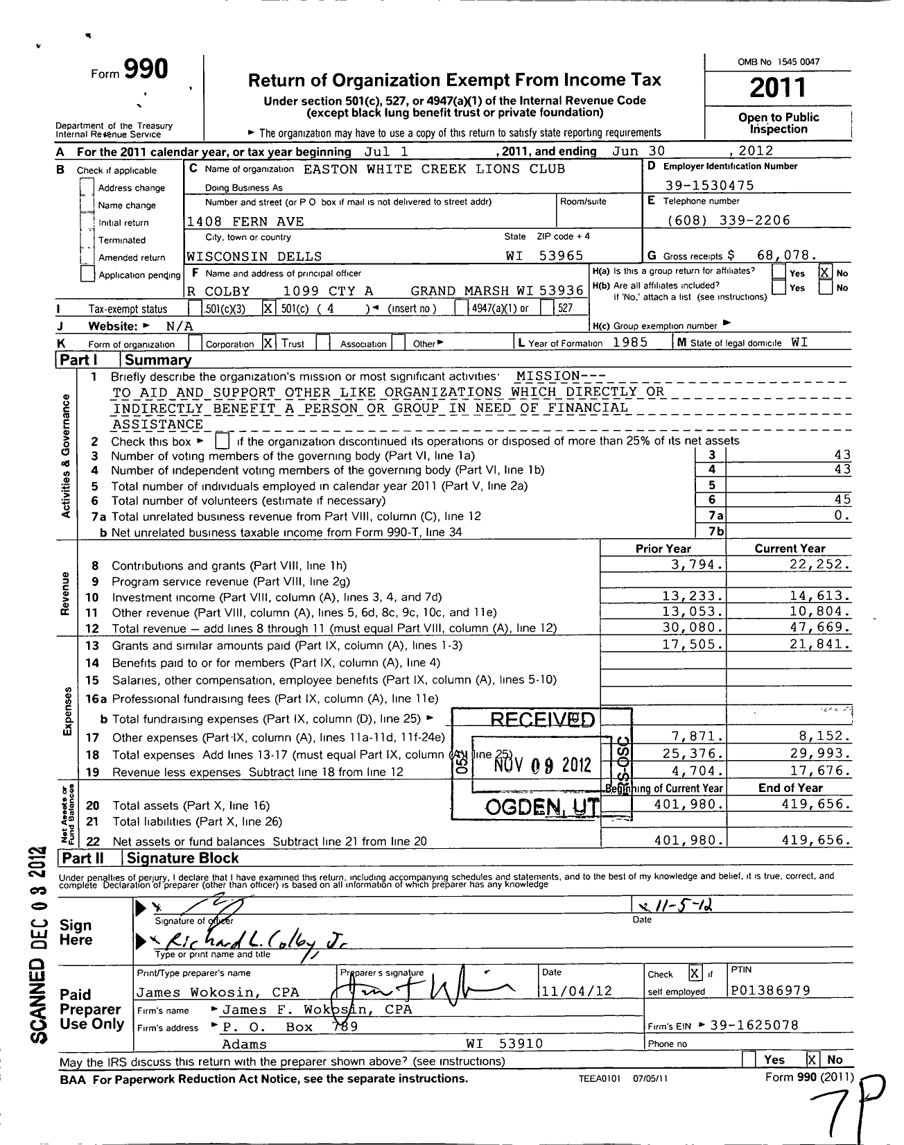 Image of first page of 2011 Form 990O for Lions Clubs - 45323 Easton White Creek