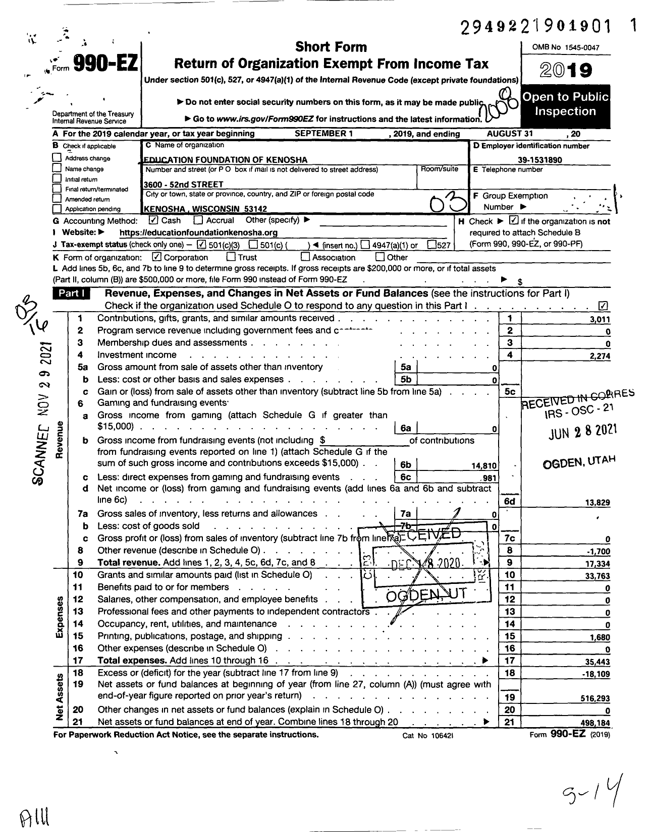 Image of first page of 2019 Form 990EZ for Education Foundation of Kenosha