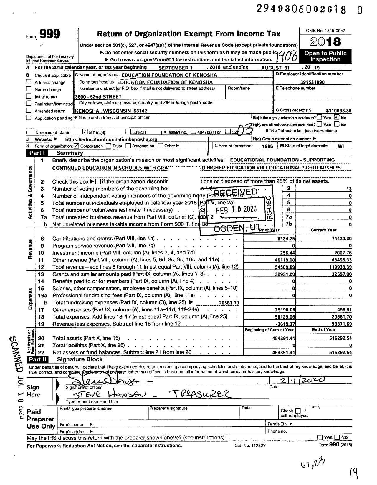 Image of first page of 2018 Form 990 for Education Foundation of Kenosha