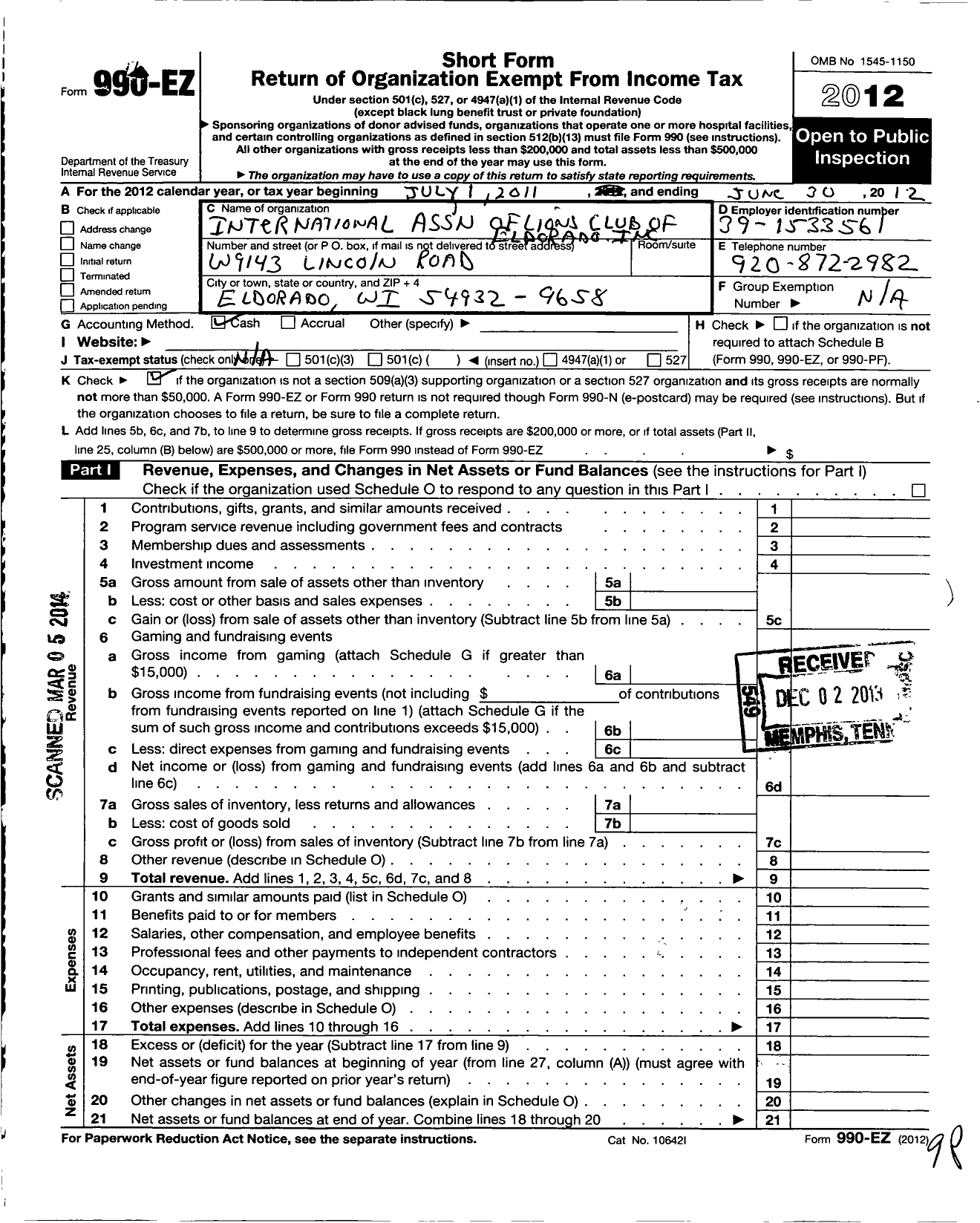 Image of first page of 2011 Form 990EO for Lions Clubs - 45322 Eldorado