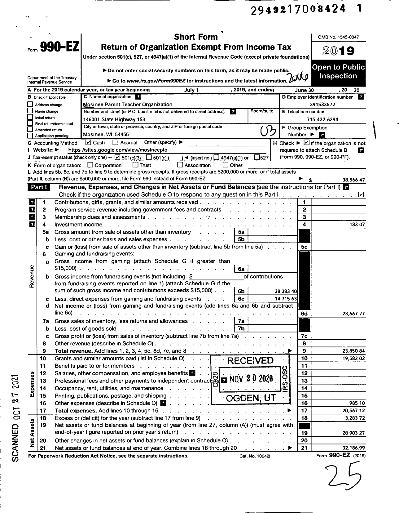 Image of first page of 2019 Form 990EZ for Mosinee Parent-Teacher Organization