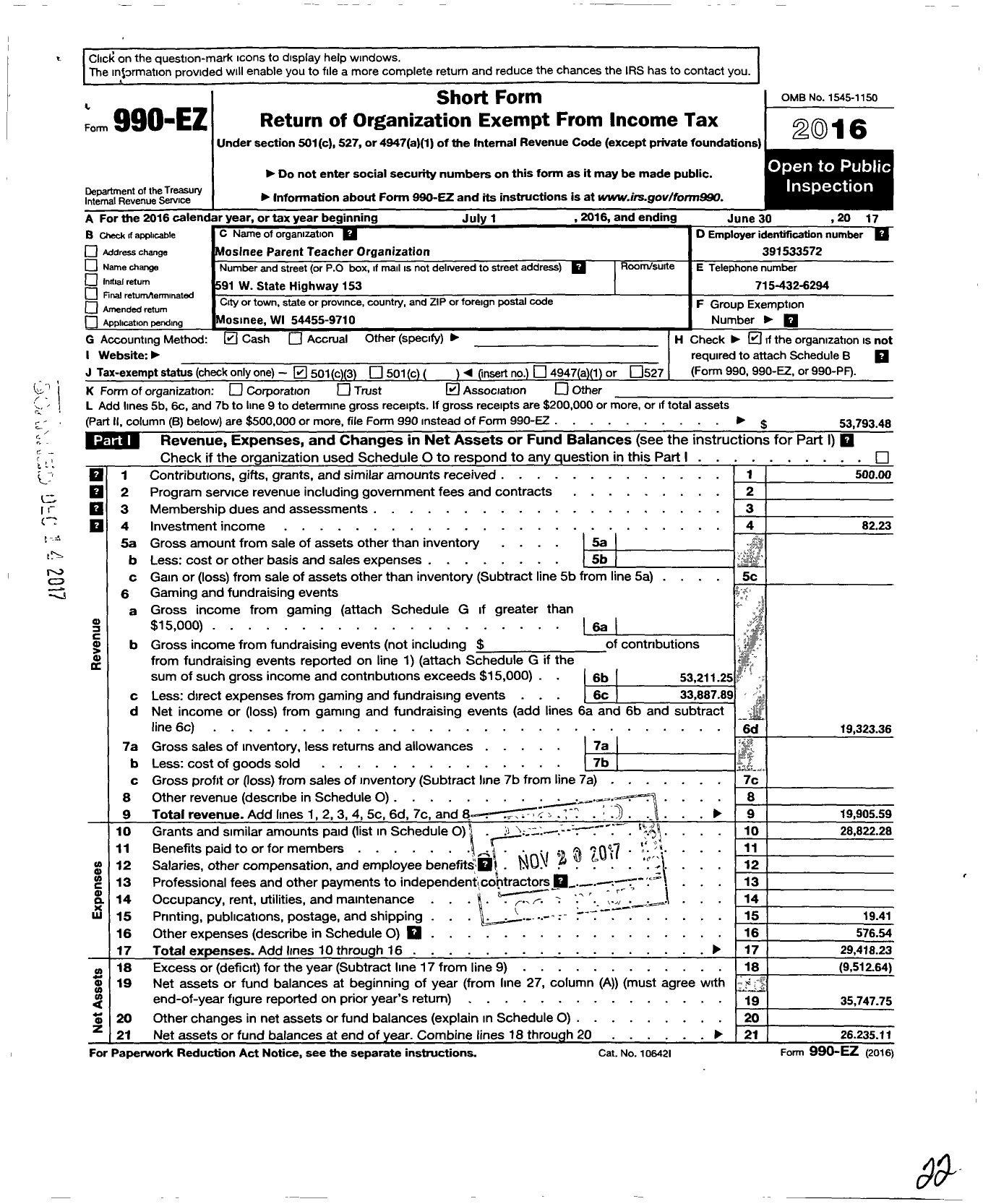 Image of first page of 2016 Form 990EZ for Mosinee Parent-Teacher Organization