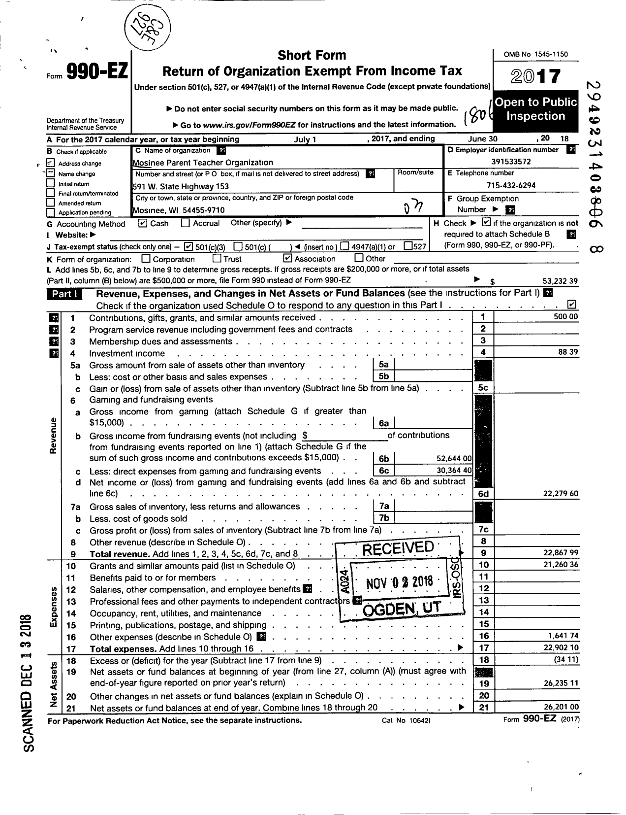 Image of first page of 2017 Form 990EZ for Mosinee Parent-Teacher Organization