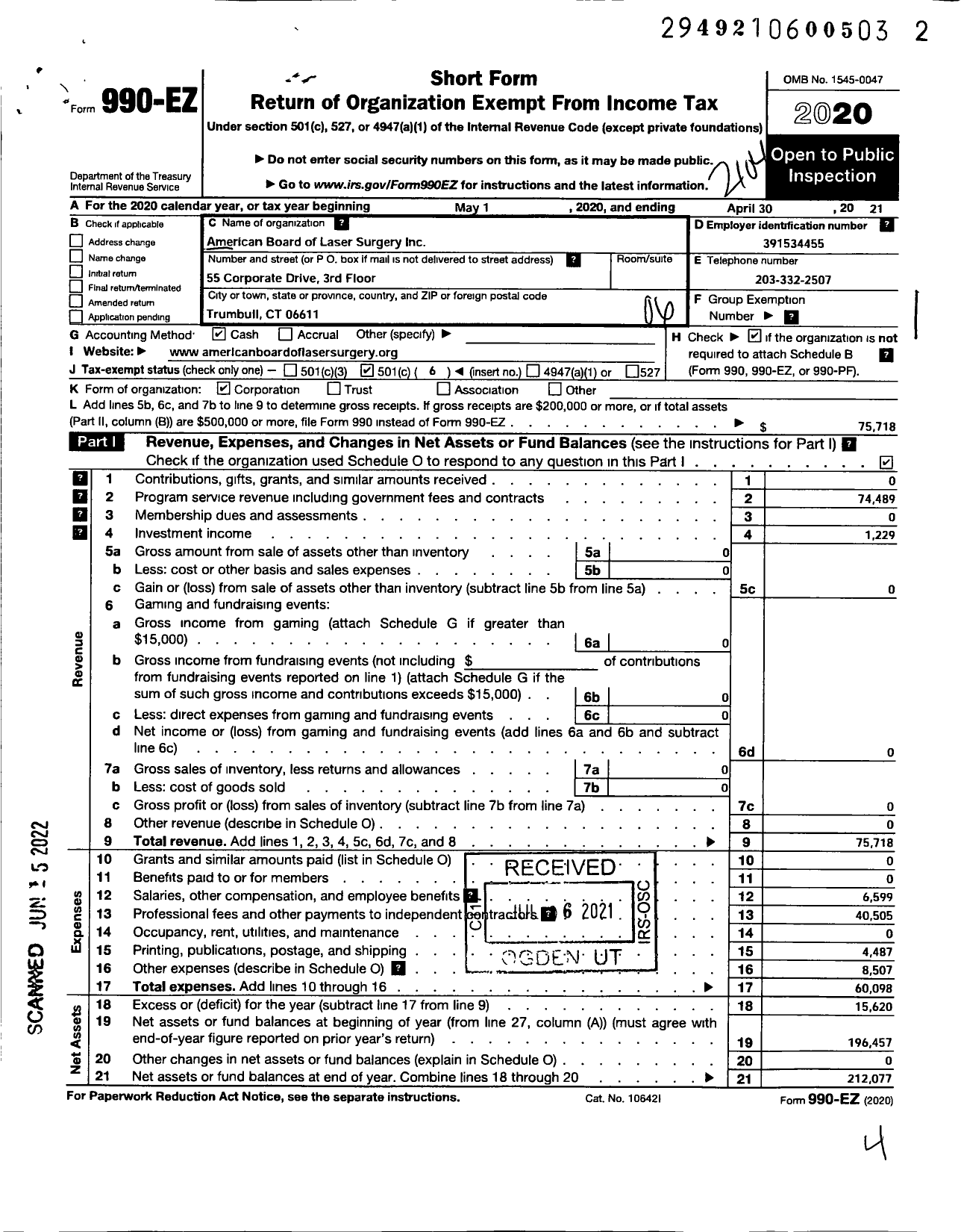 Image of first page of 2020 Form 990EO for American Board of Laser Surgery Incorporated