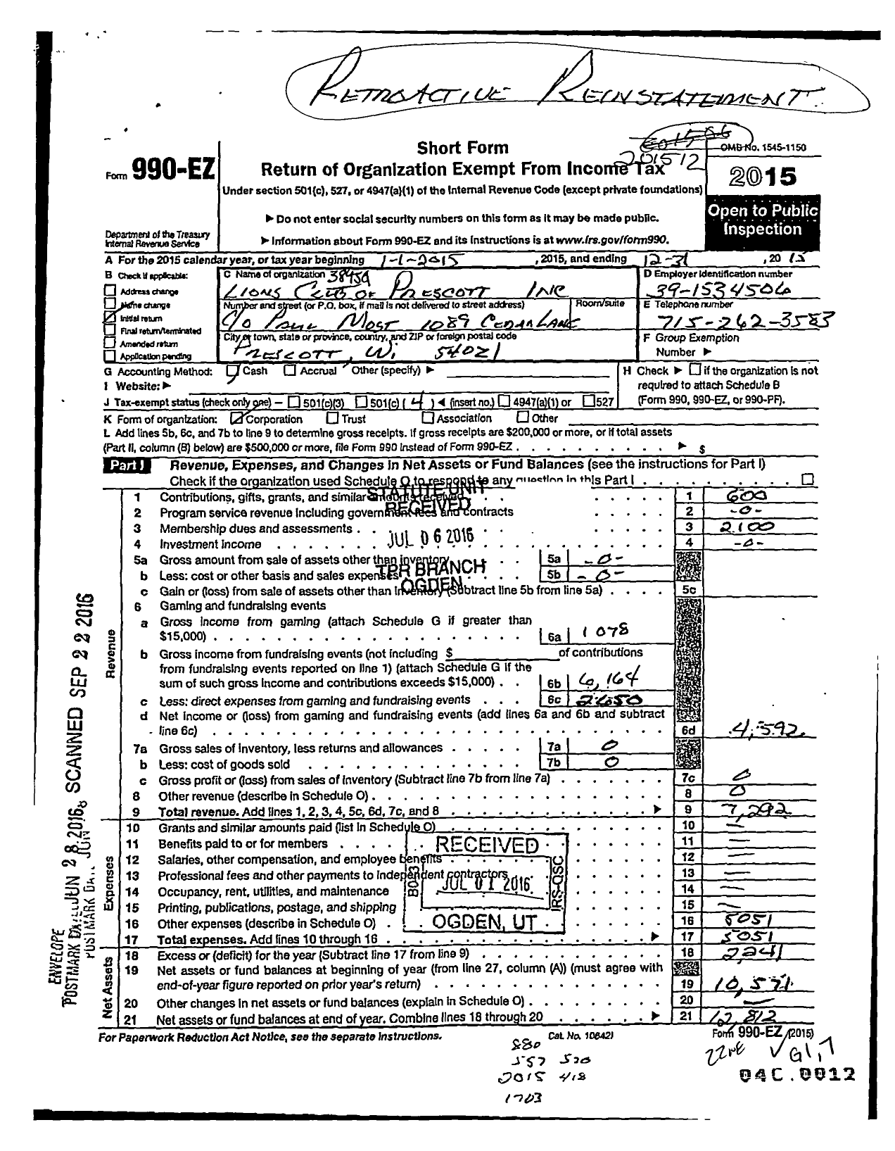 Image of first page of 2015 Form 990EO for International Association of Lions Clubs / 38959 Prescott