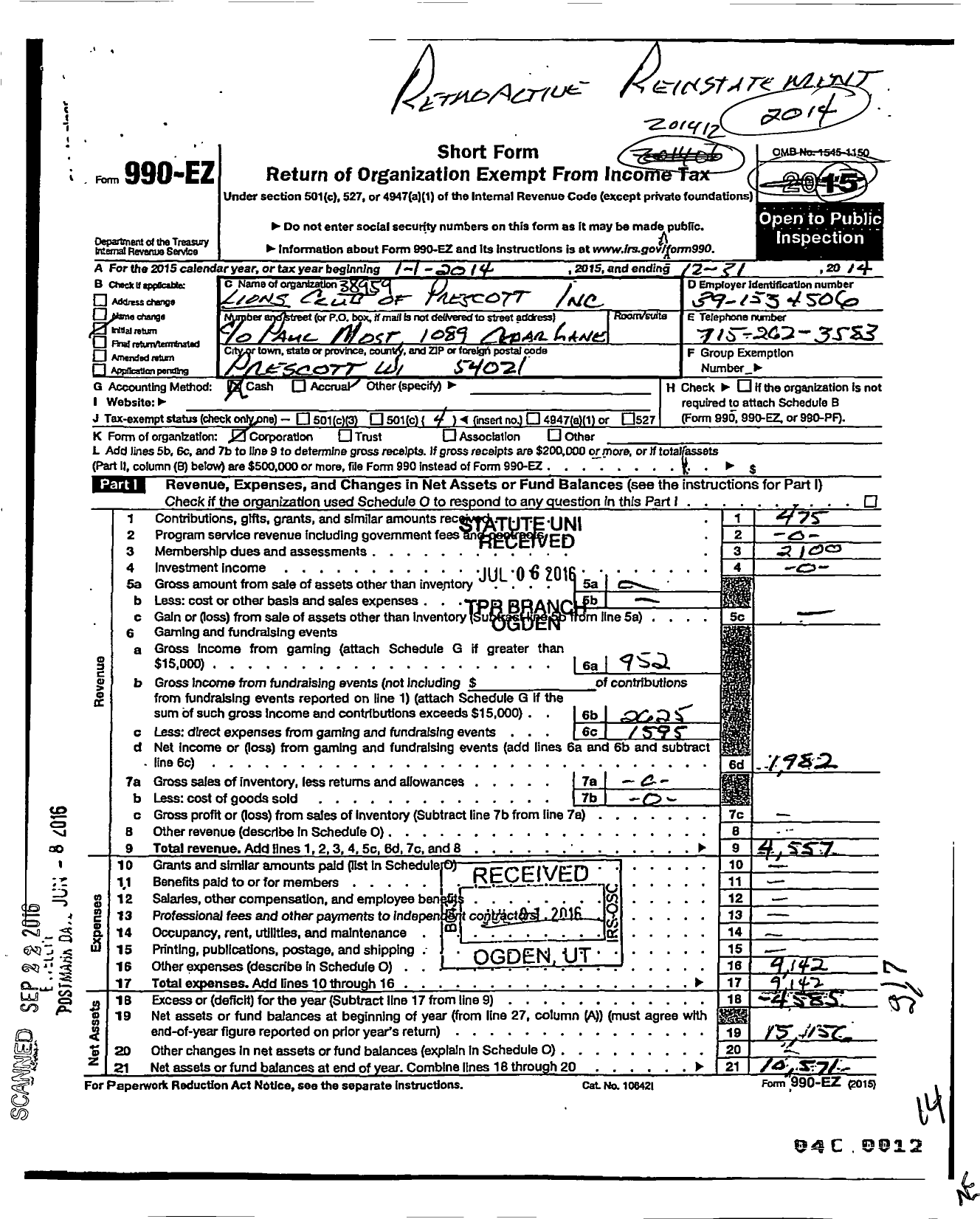 Image of first page of 2014 Form 990EO for International Association of Lions Clubs / 38959 Prescott