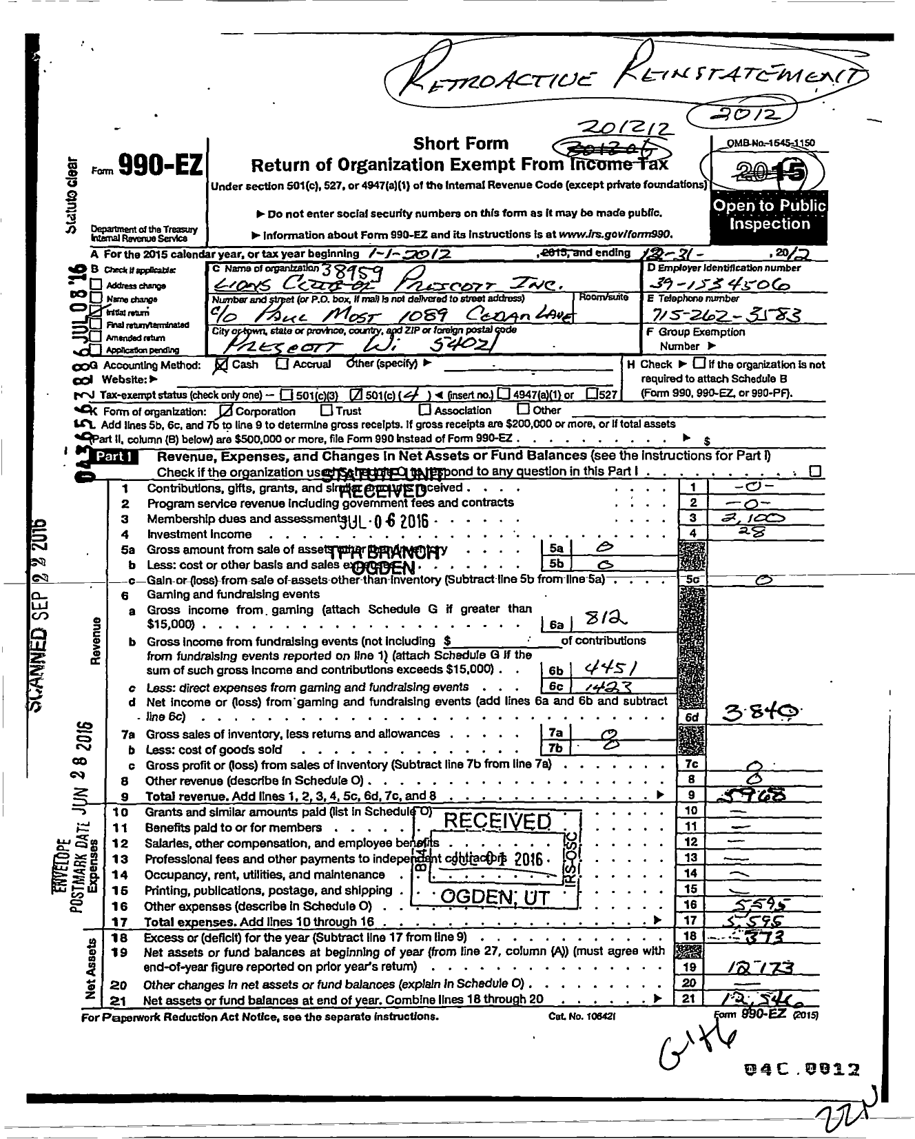 Image of first page of 2012 Form 990EO for International Association of Lions Clubs / 38959 Prescott