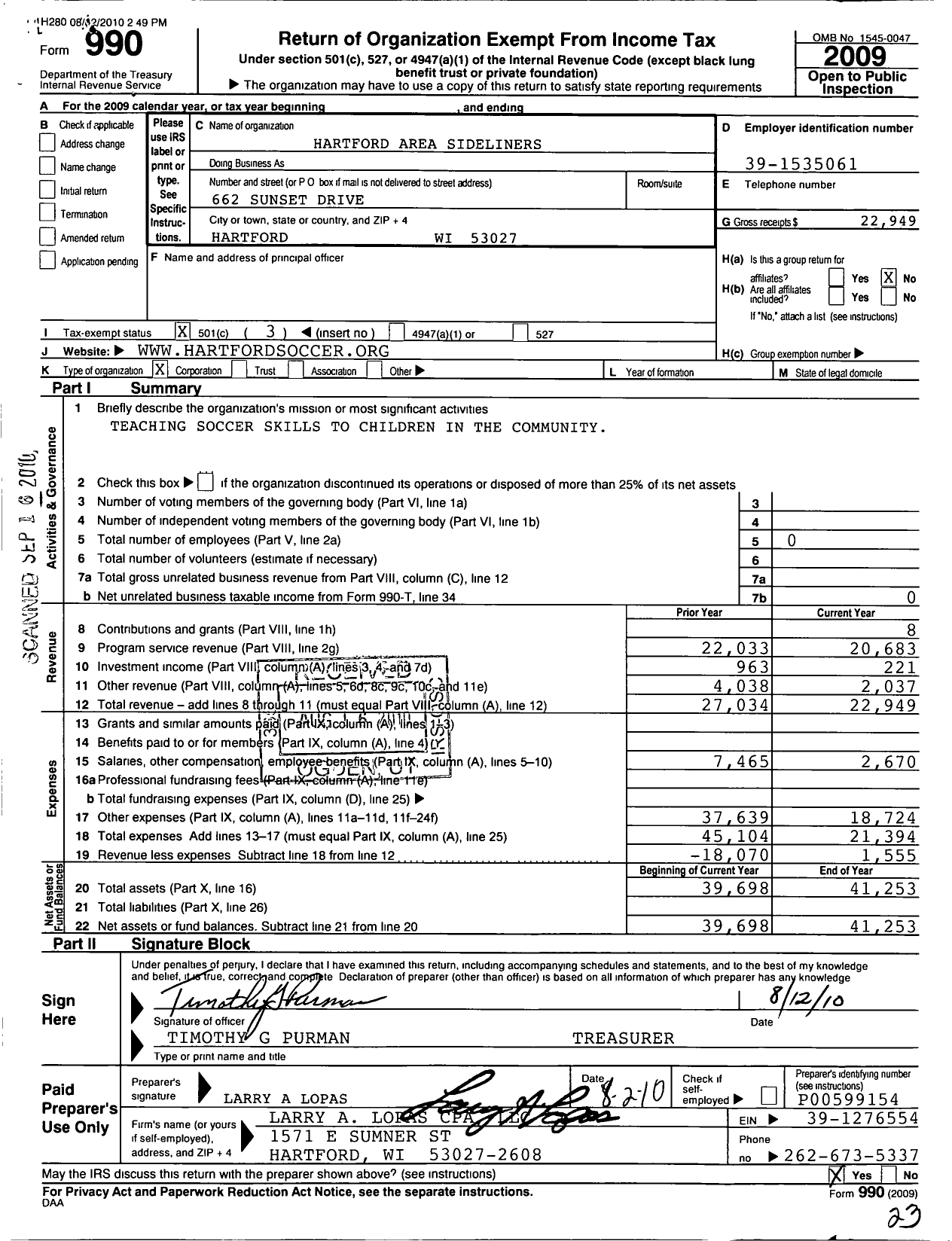 Image of first page of 2009 Form 990 for Hartford Area Sideliners