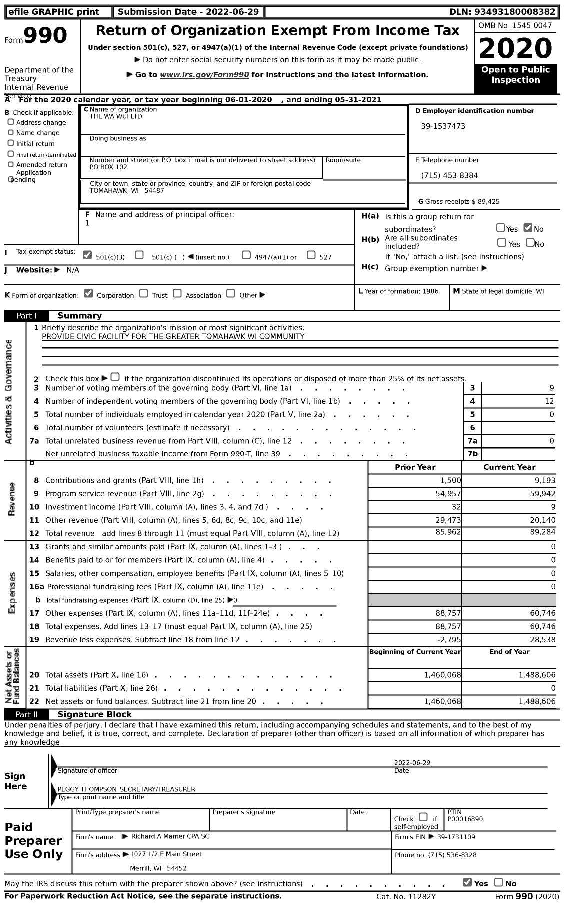 Image of first page of 2020 Form 990 for The Wa Wui