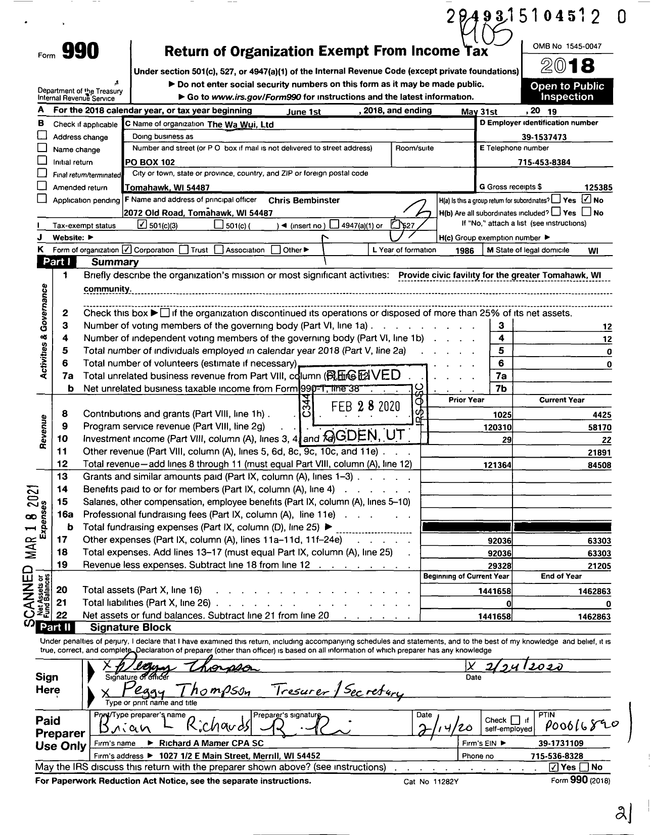 Image of first page of 2018 Form 990 for The Wa Wui