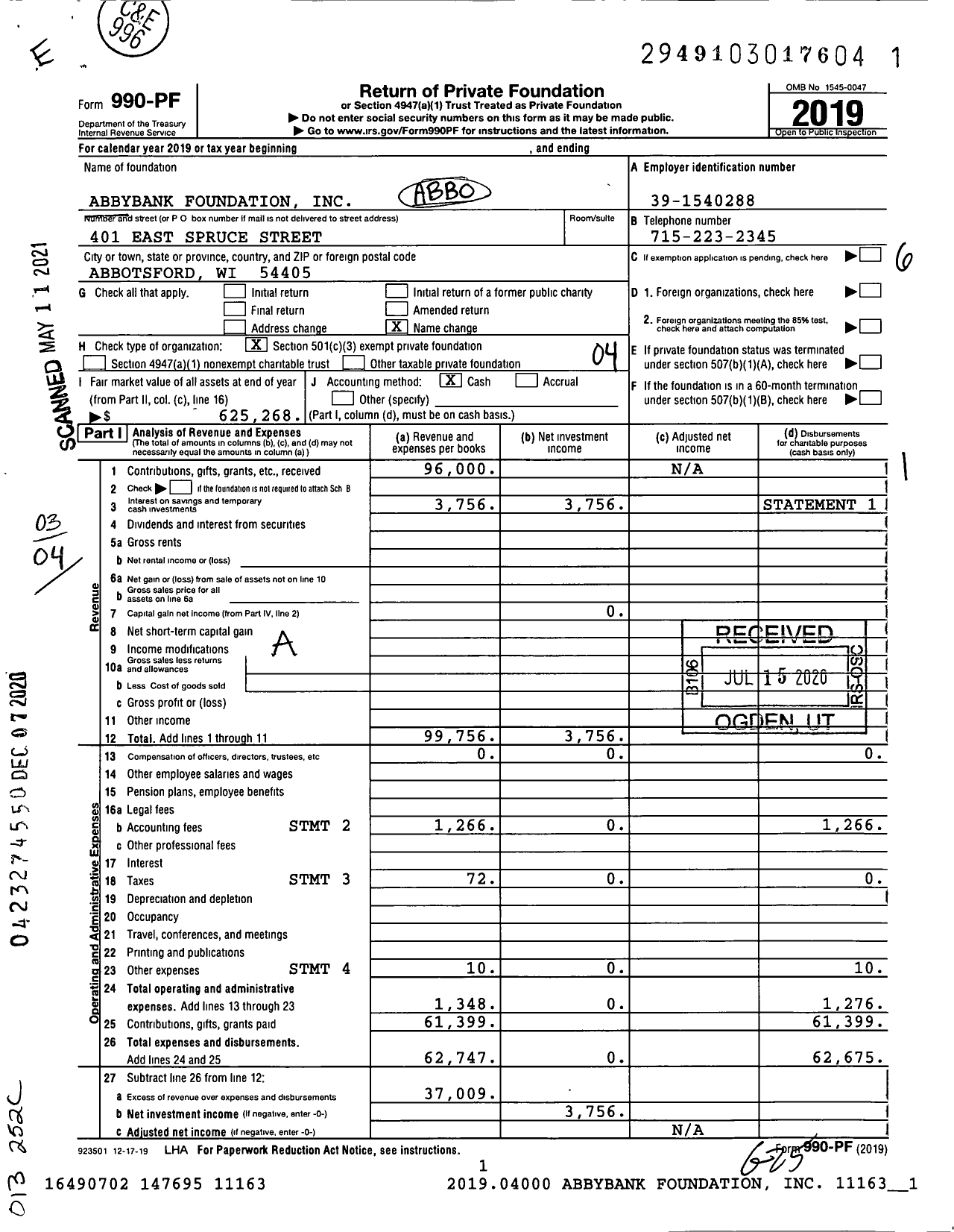 Image of first page of 2019 Form 990PF for Abbybank Foundation