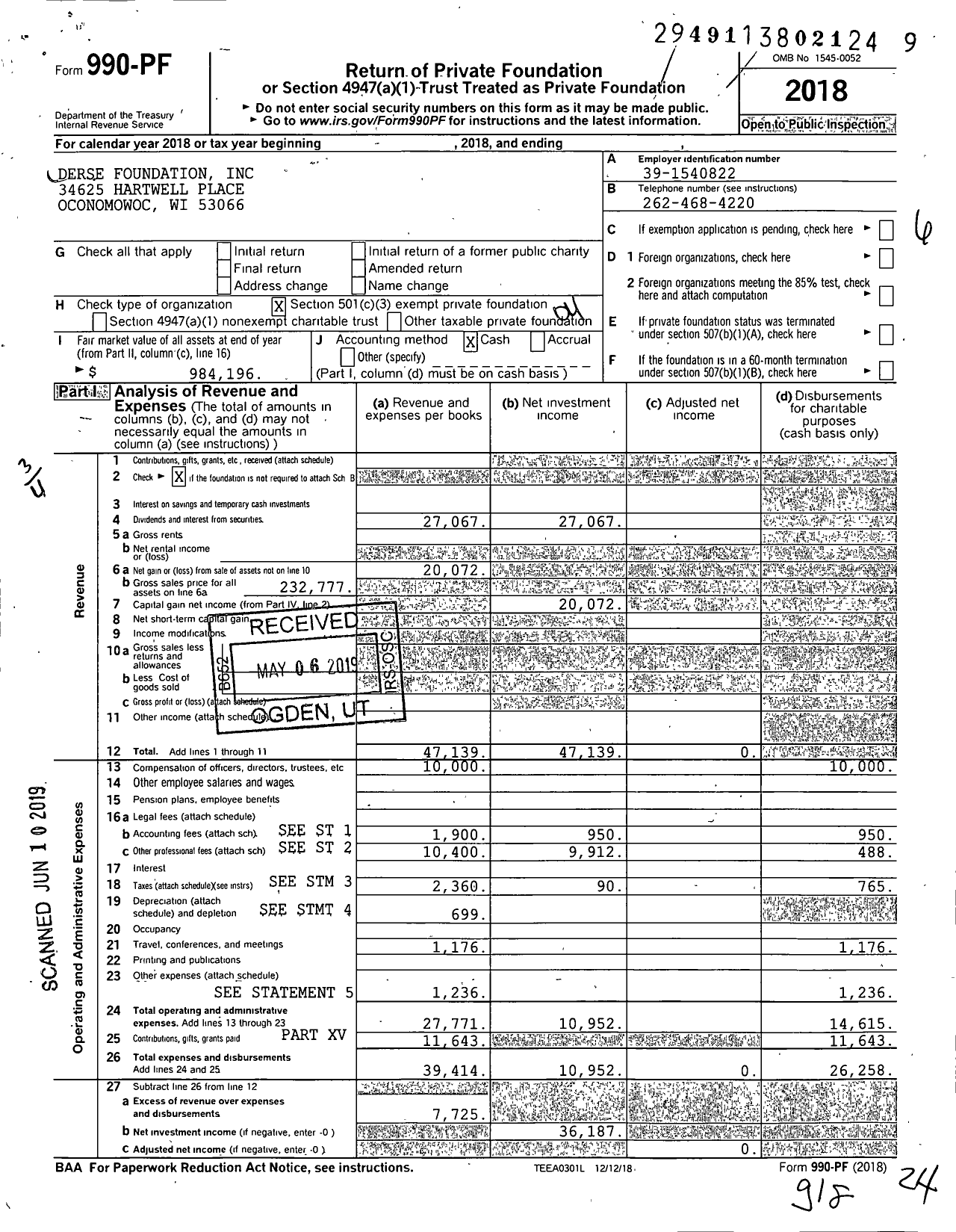 Image of first page of 2018 Form 990PF for Derse Foundation