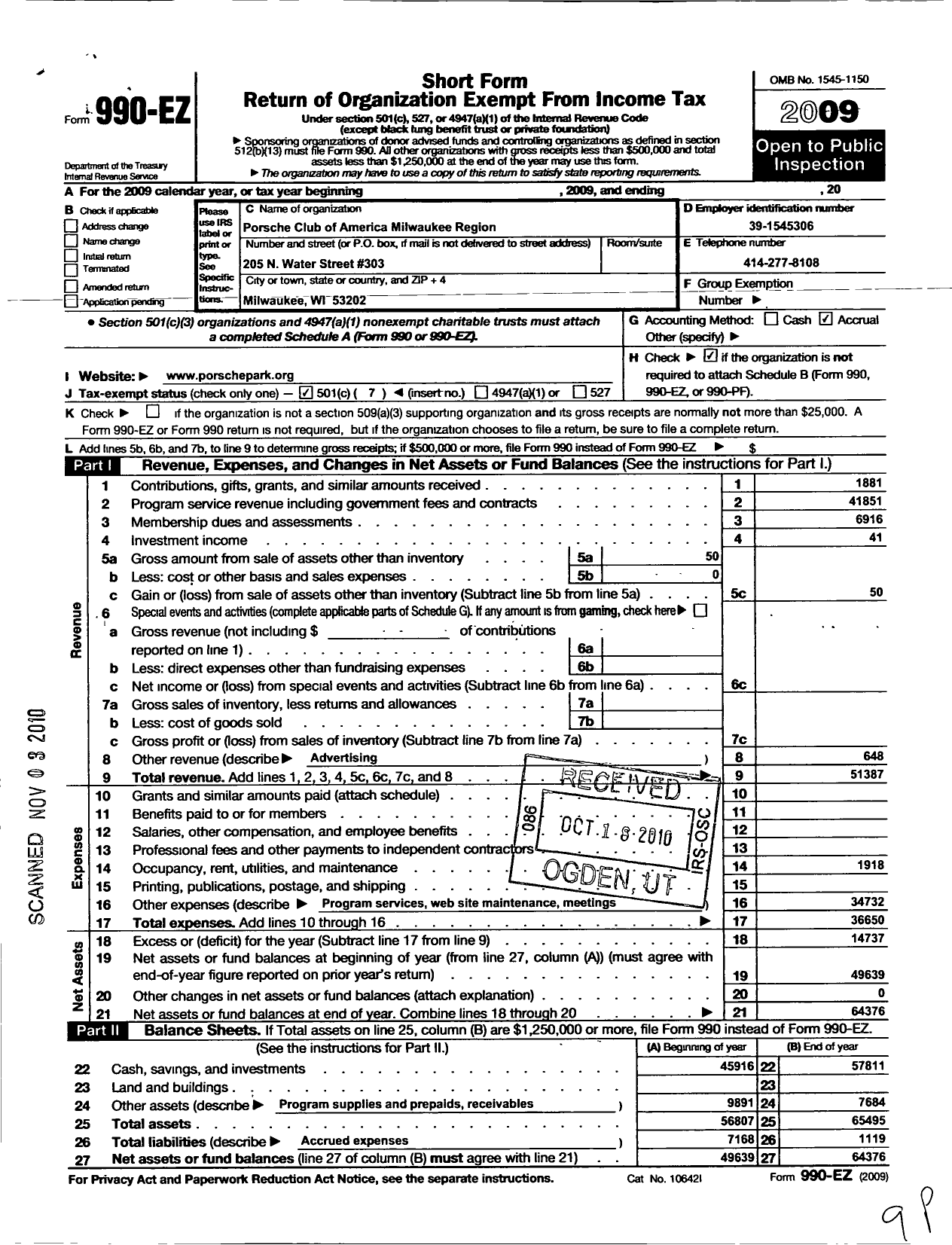 Image of first page of 2009 Form 990EO for The Porsche Club of America Milwaukee Region