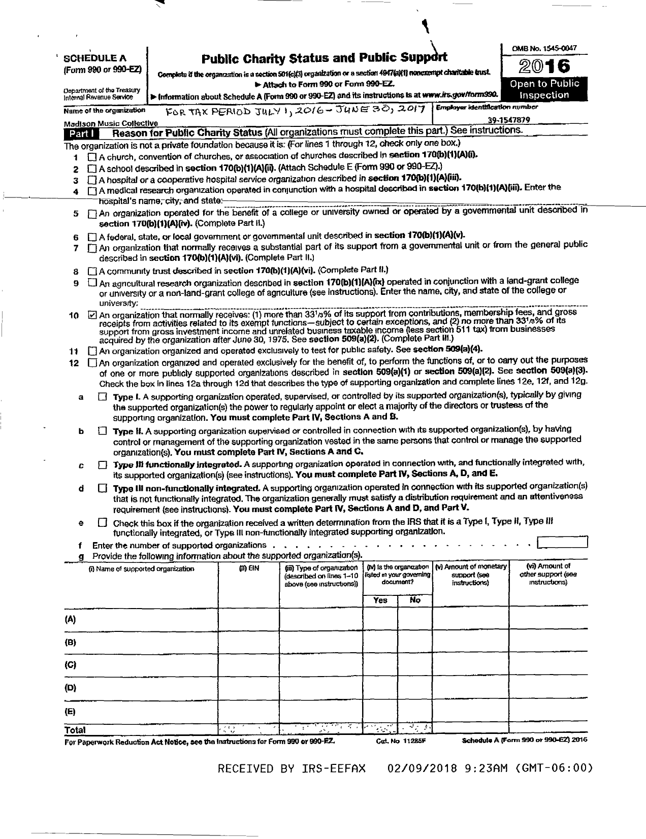 Image of first page of 2016 Form 990ER for Madison Music Collective